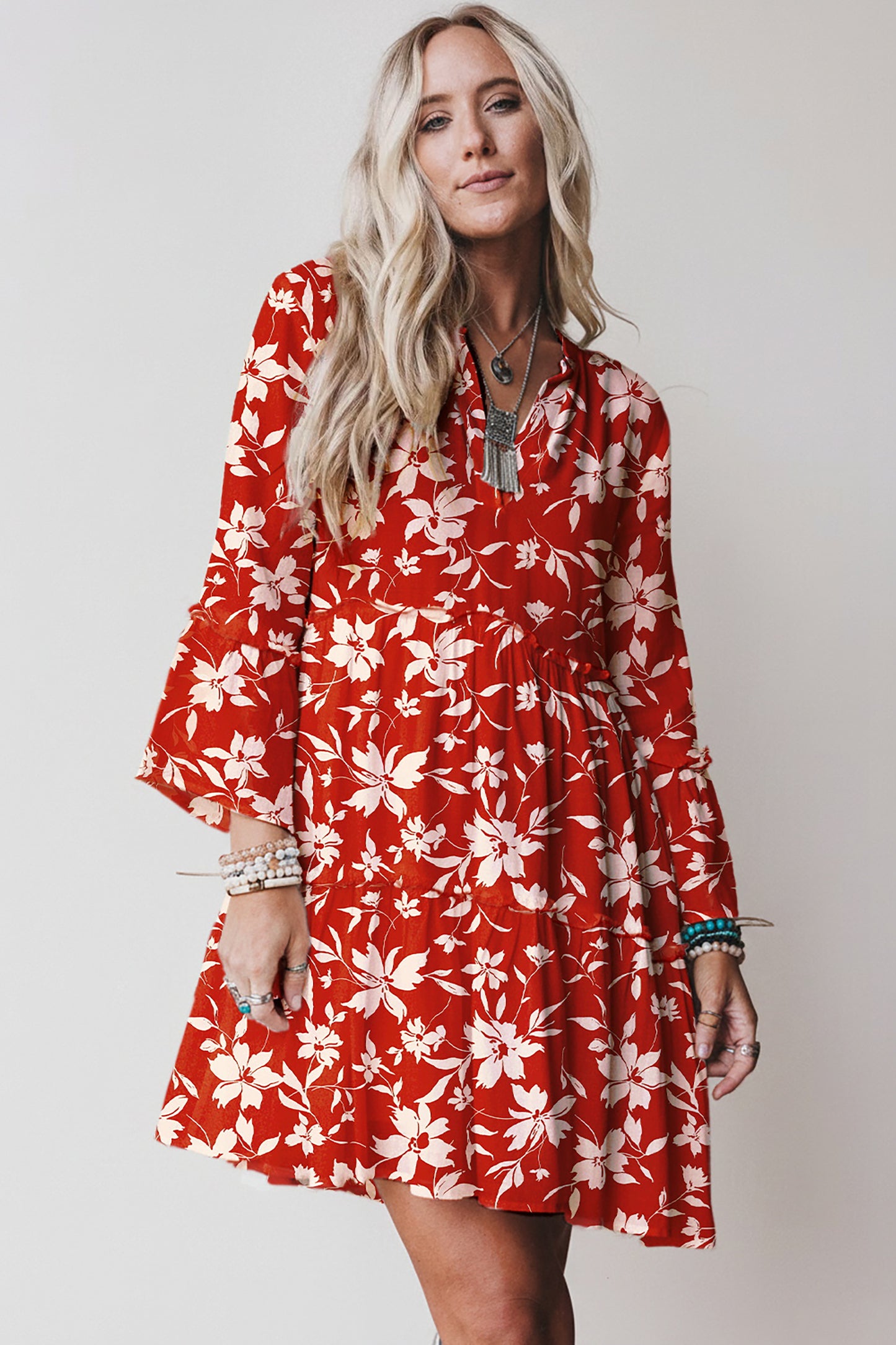 Red Boho Floral Print Lettuce Trim 3/4 Sleeve Mini Dress