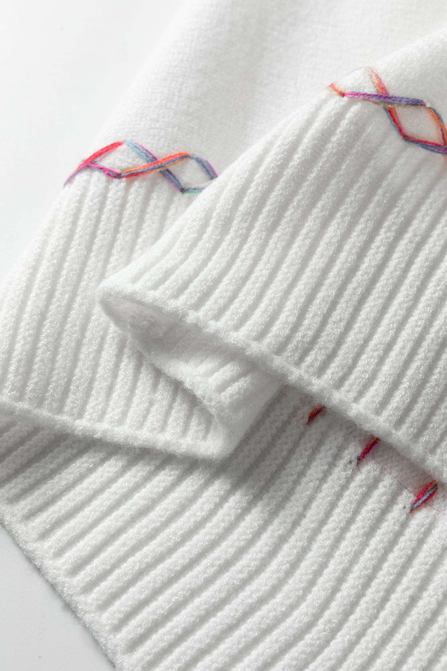 White Rainbow Stitching Balloon Sleeve Relaxed Sweater