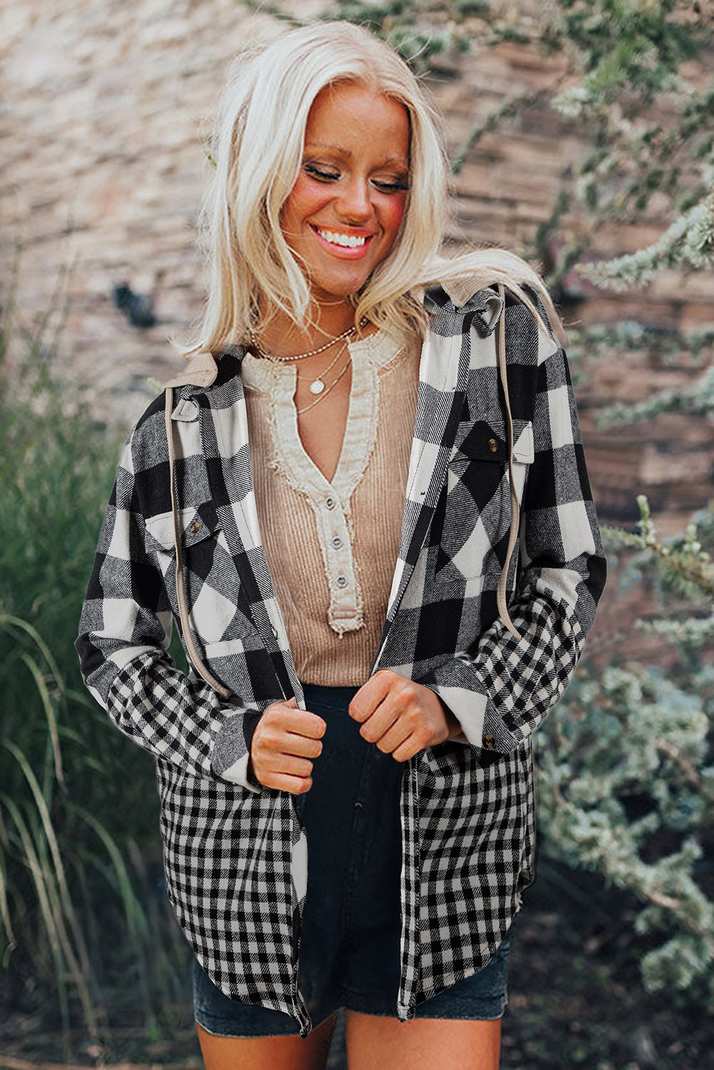 Black Double Plaid Patchwork Drawstring Hooded Shacket