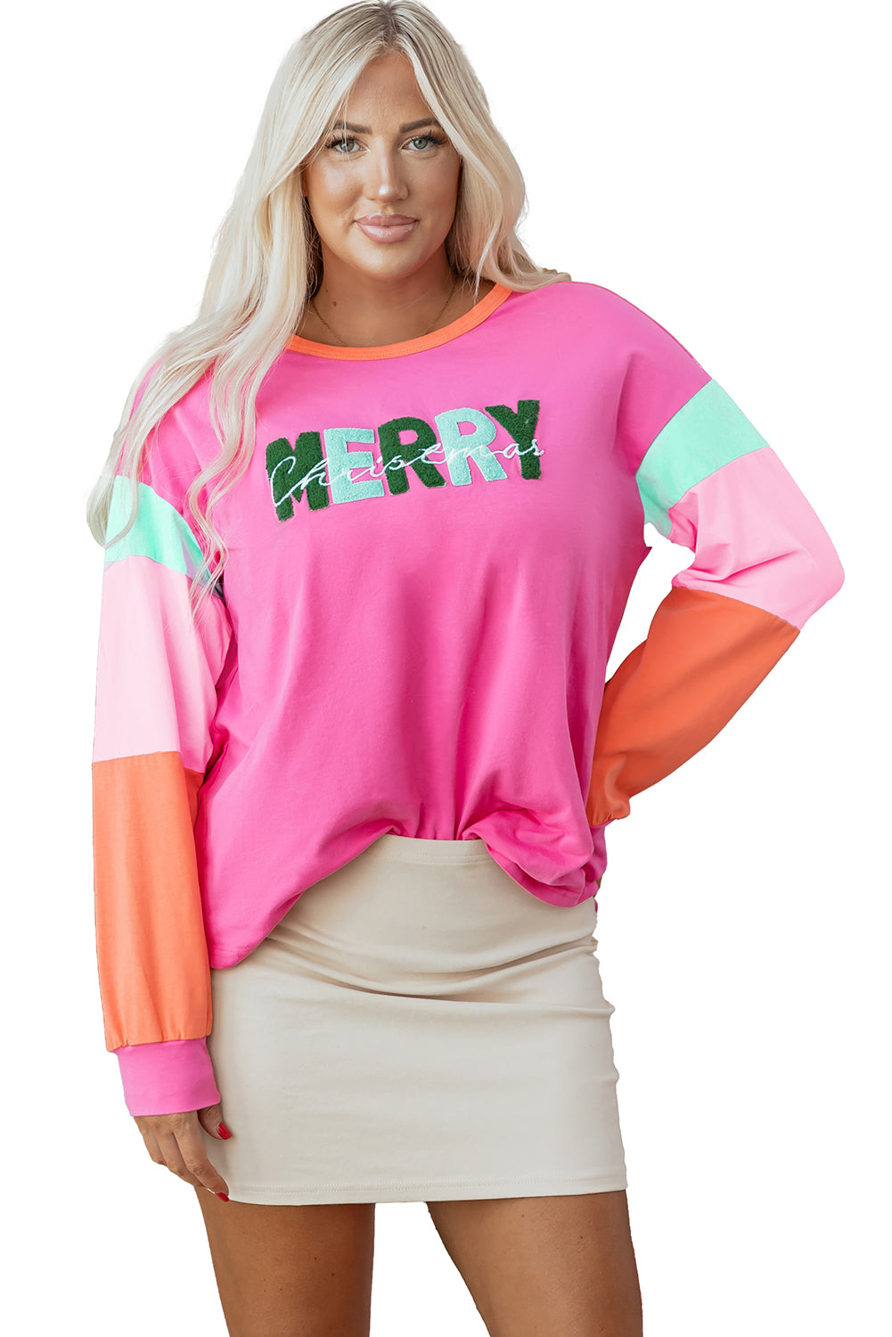 Rose Red Chenille MERRY Christmas Patched Colorblock Long Sleeve Top