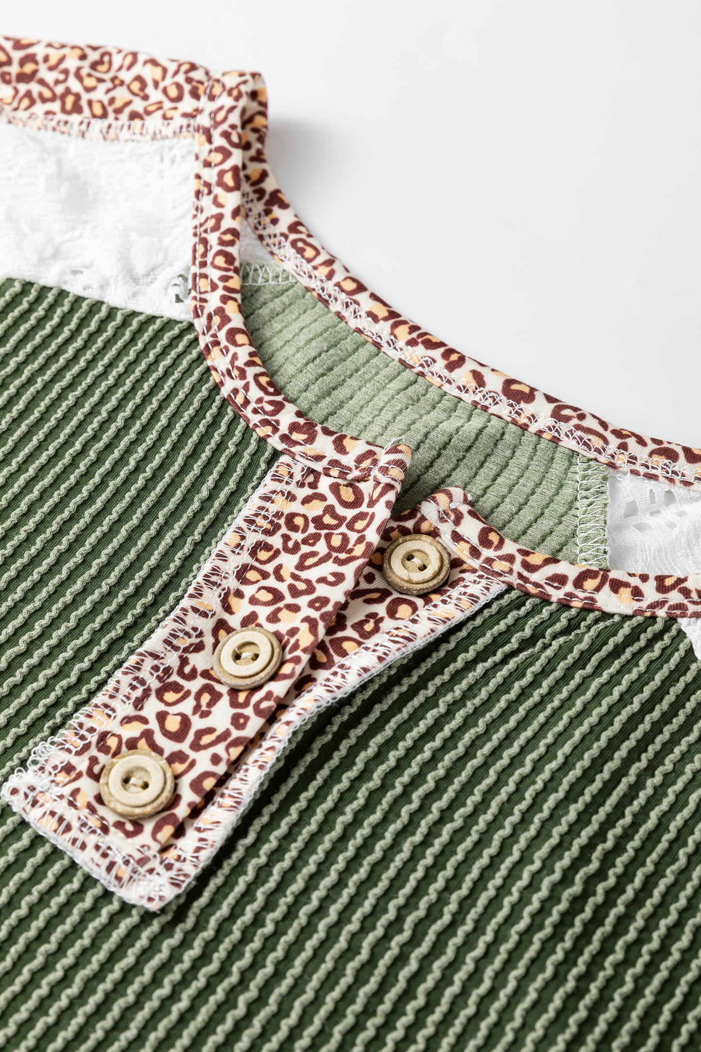 Vineyard Green Twisted Ribbed Leopard Lace Contrast Patchwork Long Sleeve Top