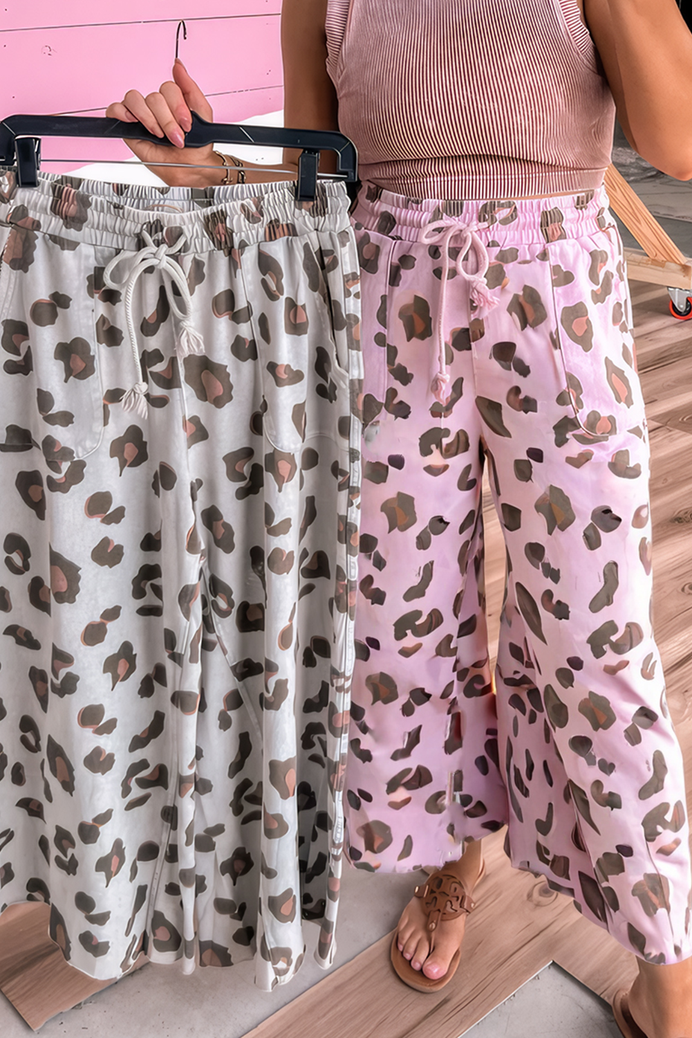 Pink Drawstring Leopard Print Patch Pocket Loose Pants