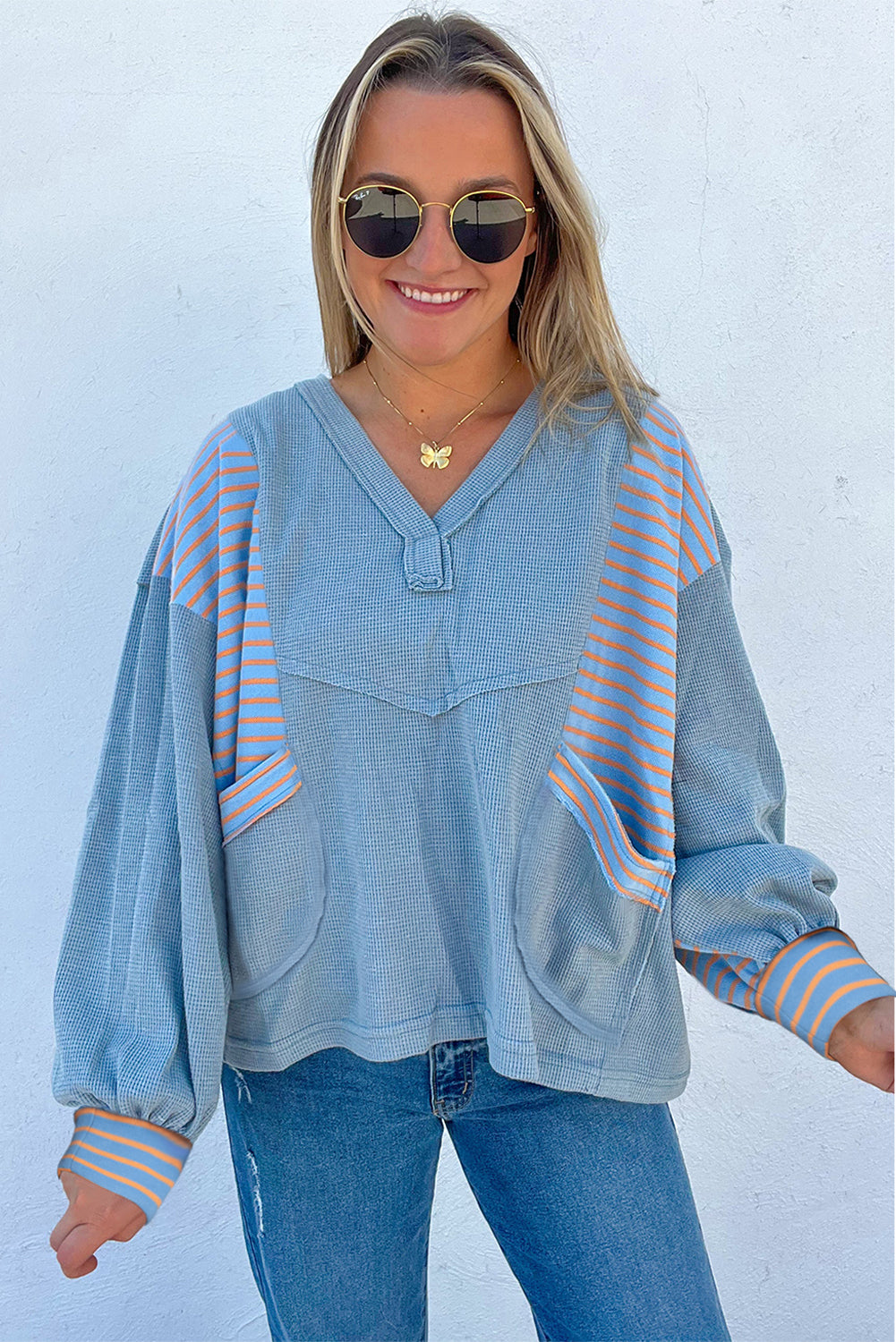 Meadow Mist Green Exposed Seam Waffle Striped Patchwork Baggy Pullover