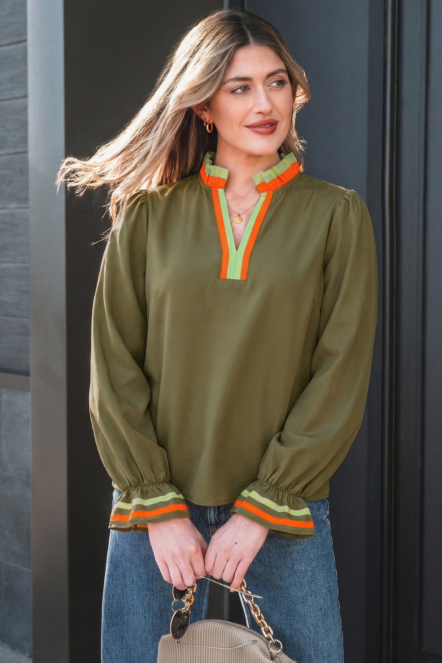 Four Leaf Clover Striped Trim Ruffle Split Neck Long Sleeve Blouse