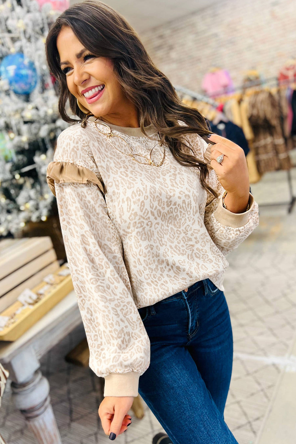 Khaki Leopard Ruffle Detail Ribbed Trim Round Neck Sweatshirt
