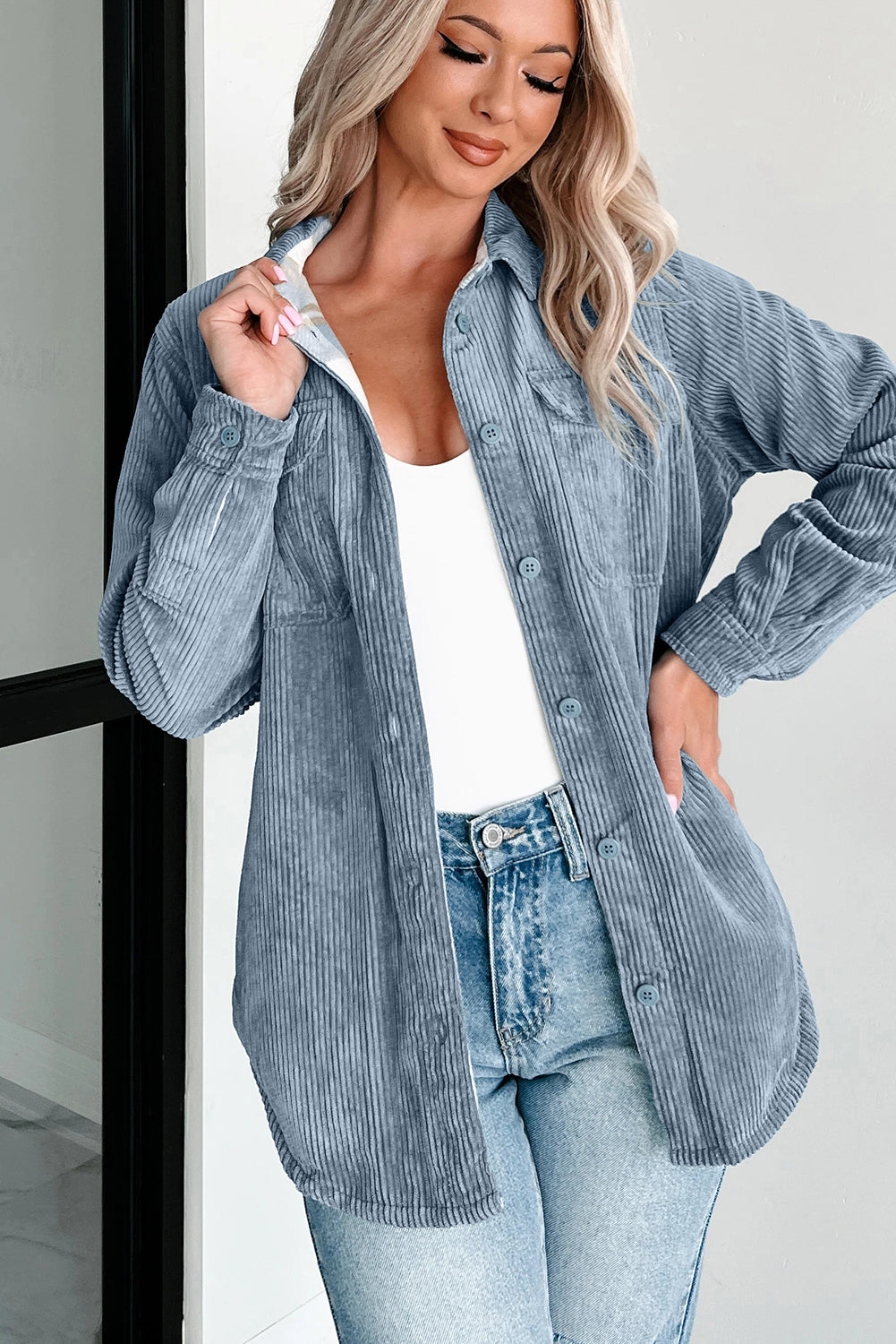 Stone Blue Plaid Corduroy Reversible Button Up Shacket