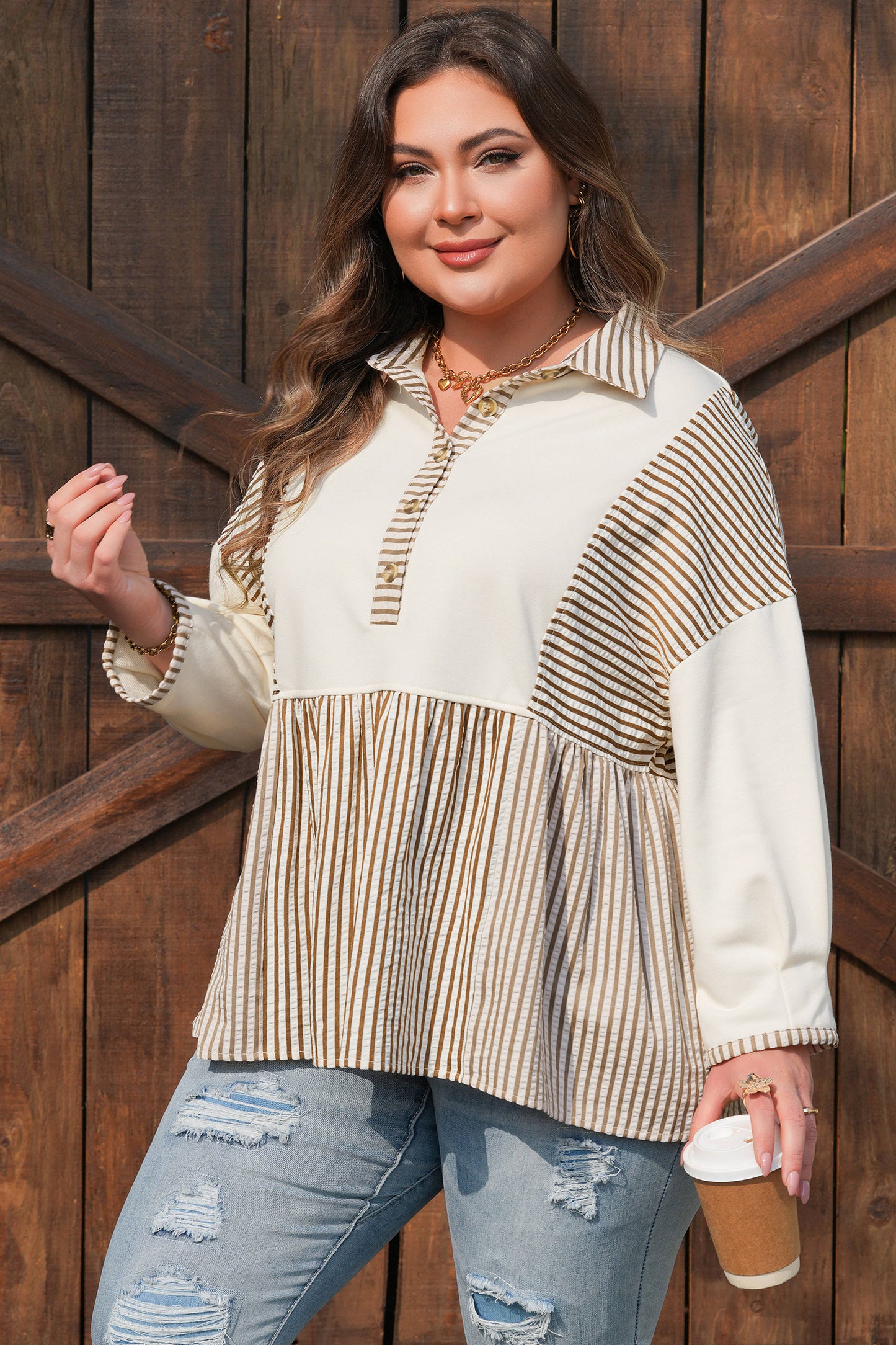 Khaki Stripe Plus Size Color Block Patchwork Half Button Long Sleeve Peplum Blouse