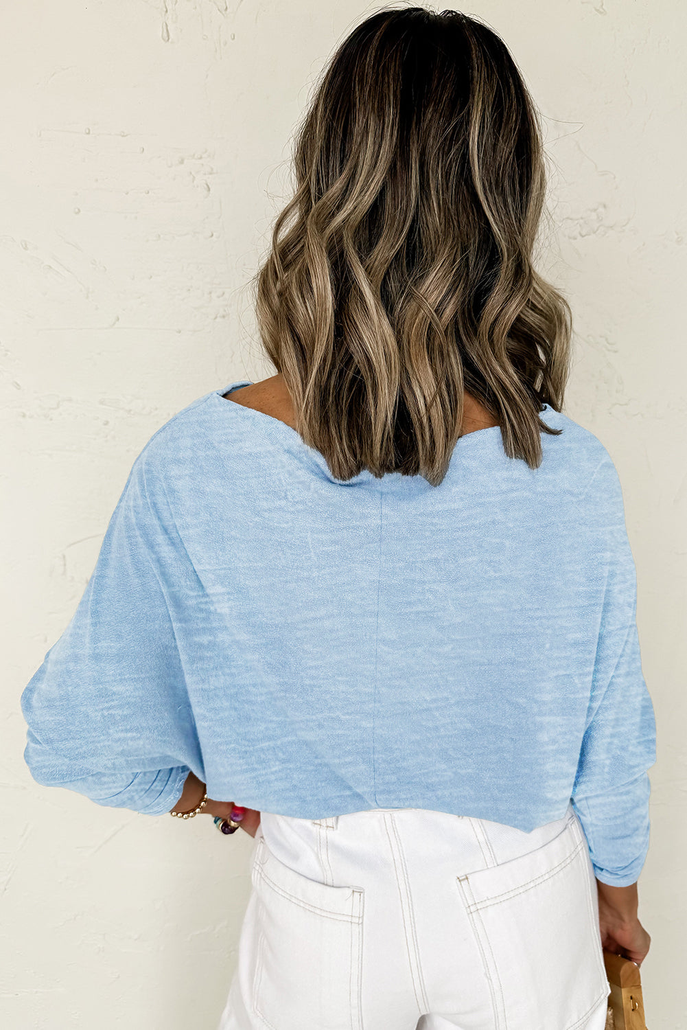 Beau Blue Solid Color Batwing Long Sleeve Top