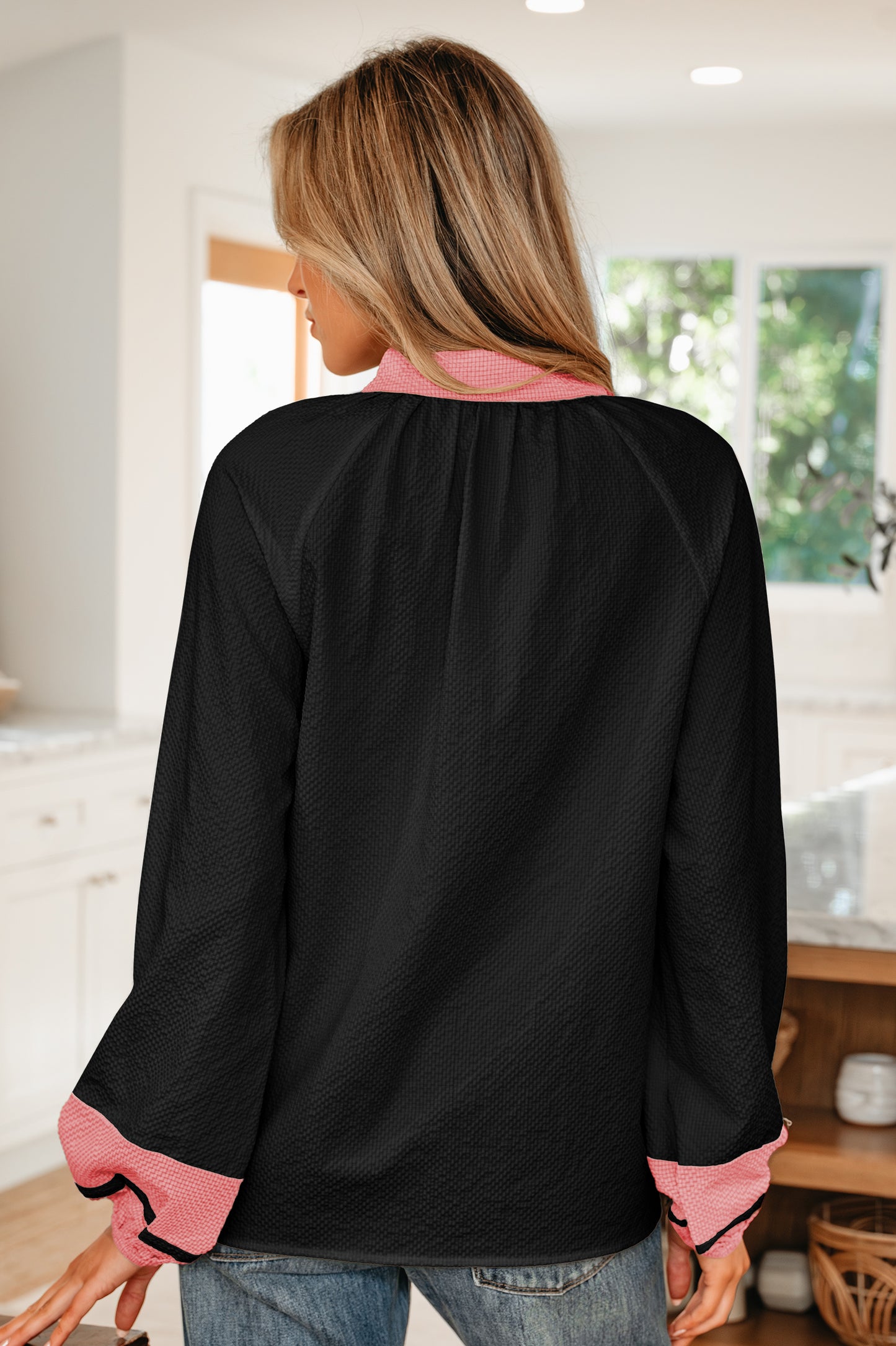 Black Color Block Patchwork Detail V Neck Textured Long Sleeve Blouse