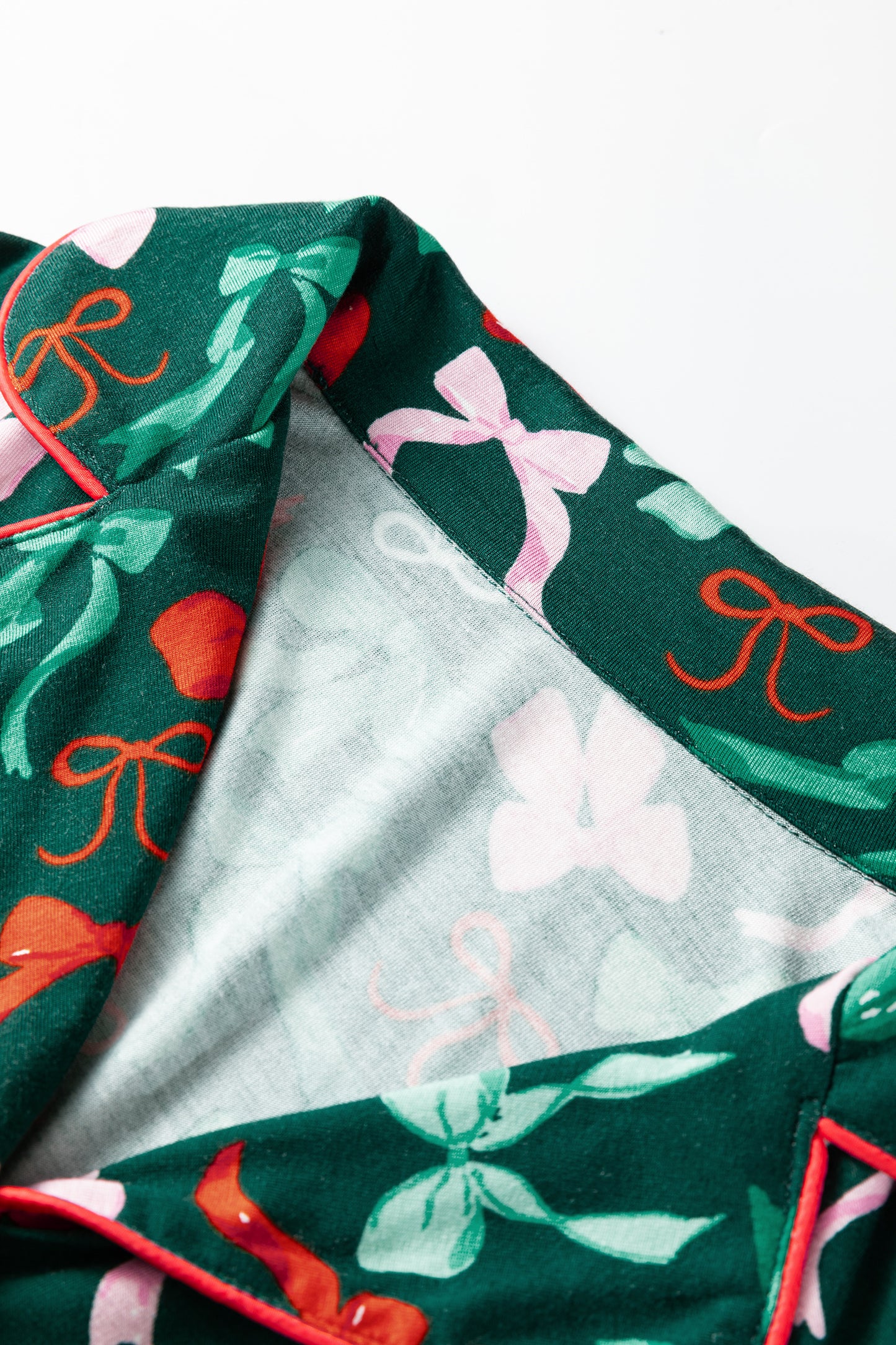 Green Festive Bow Print Long Sleeve Shirt and Pajama Short Set