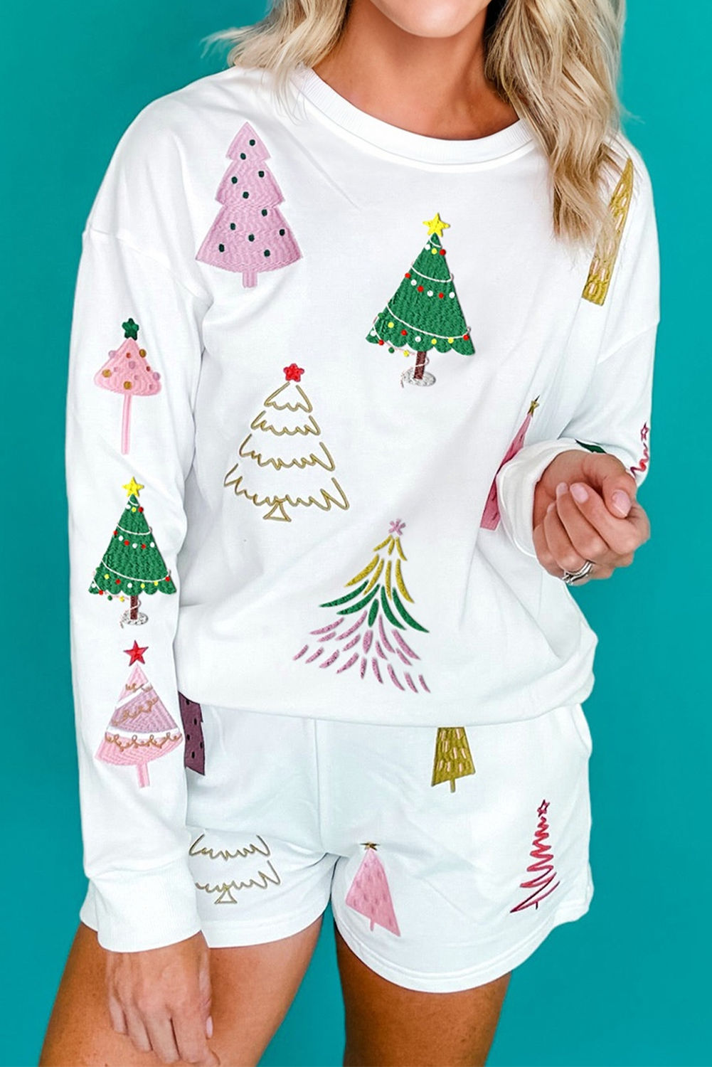 White Stripe Multi Christmas Tree Long Sleeve Top and Shorts 2pcs Lounge Set