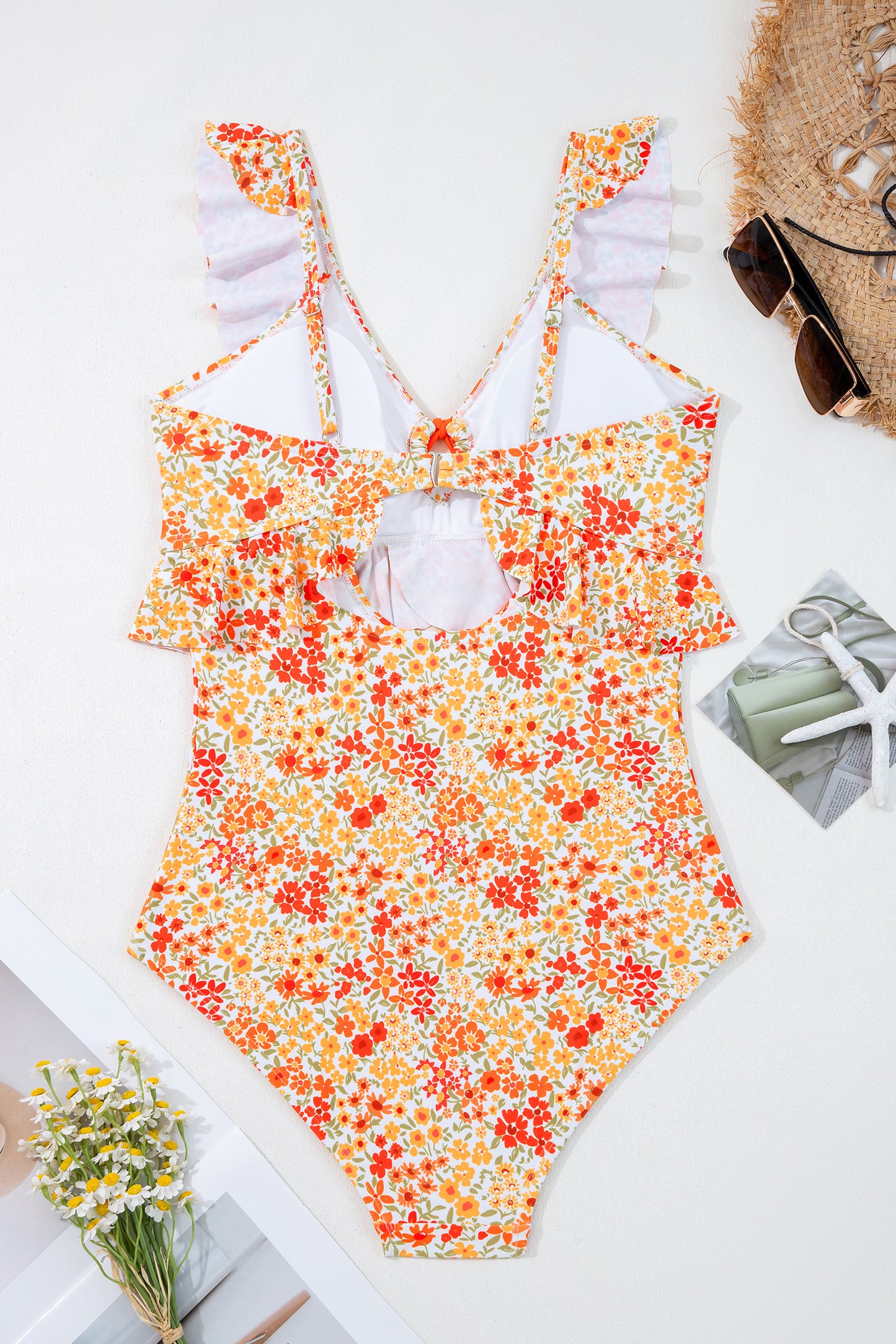 Orange Ruffled Trim Keyhole Accent Floral One Piece Swimsuit