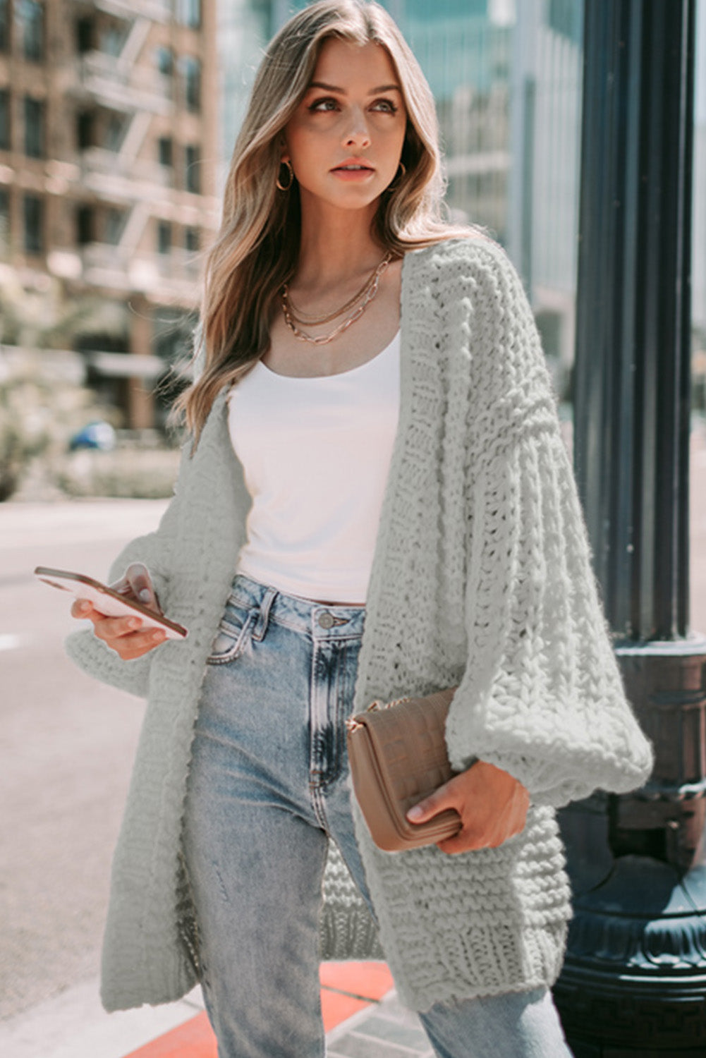White Chunky Oversize Knit Drop Shoulder Puff Sleeve Cardigan