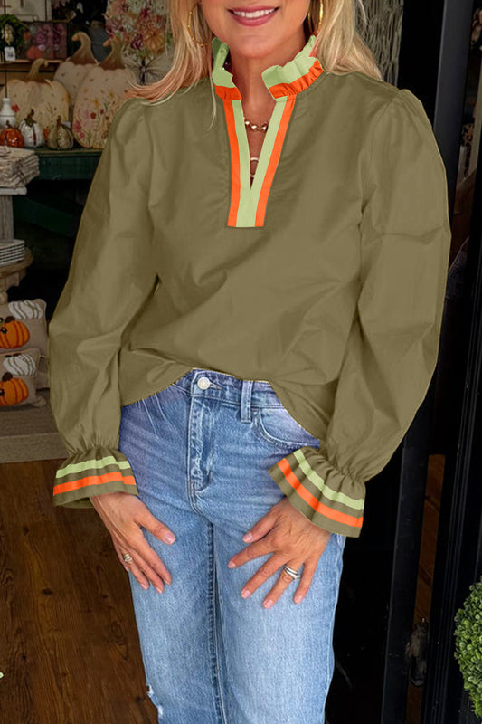 Four Leaf Clover Striped Trim Ruffle Split Neck Long Sleeve Blouse