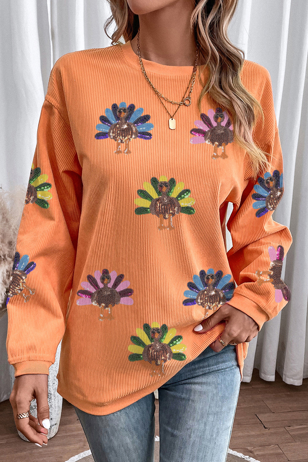 Orange Turkey Graphic Corded Baggy Sweatshirt
