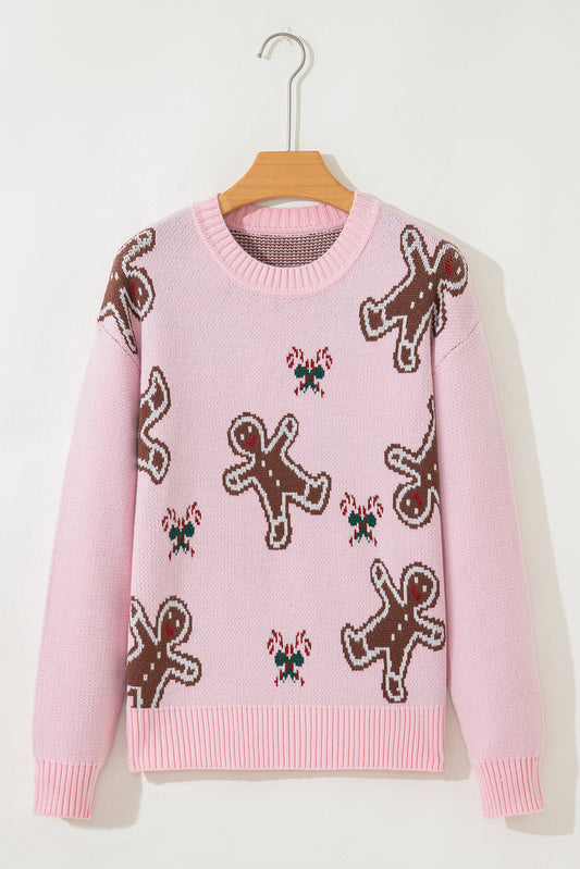 Pink Christmas Ginger Bread Man Print Round Neck Casual Sweater