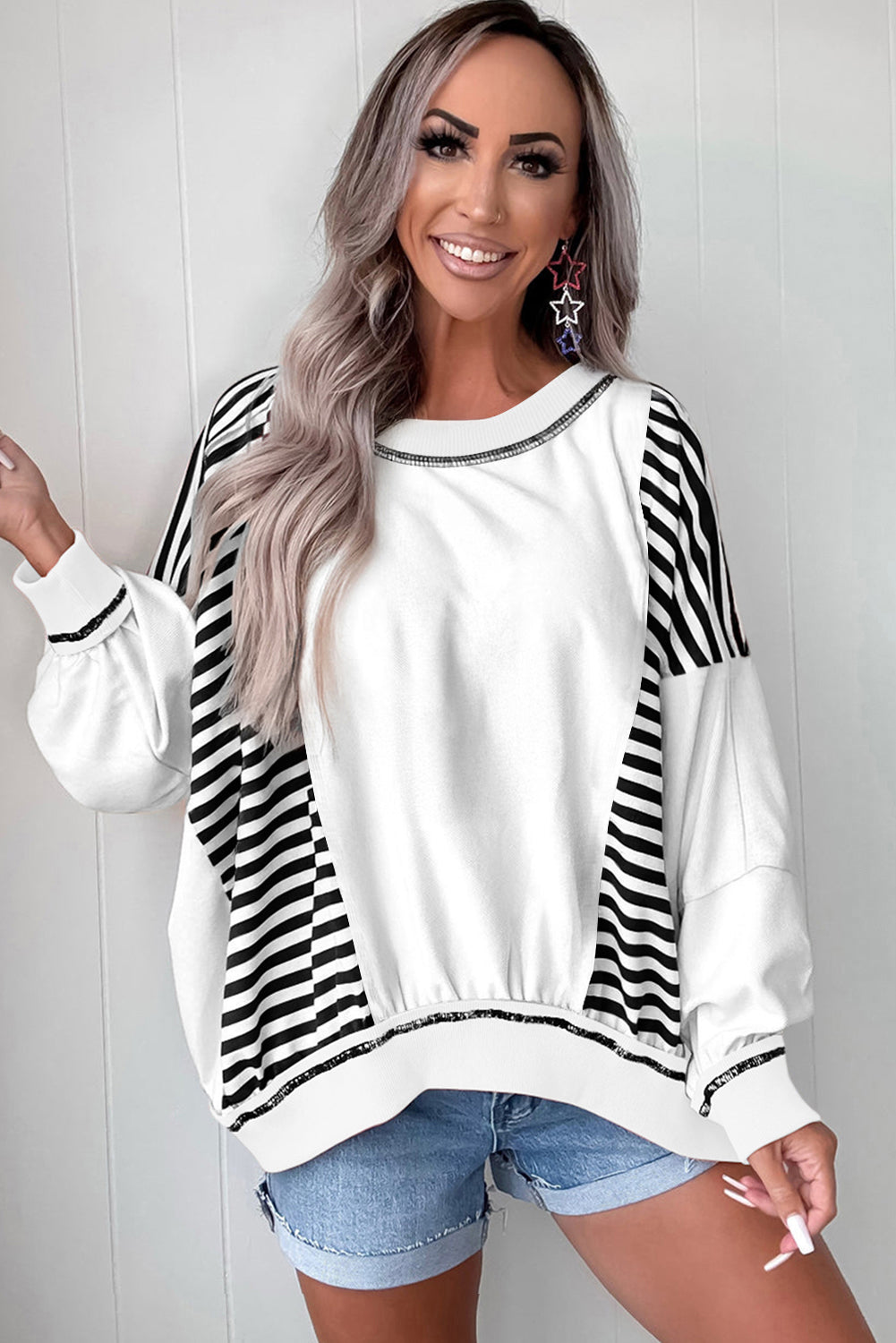 White Stripe Colorblock Patchwork Contrast Stitching Oversize Sweatshirt