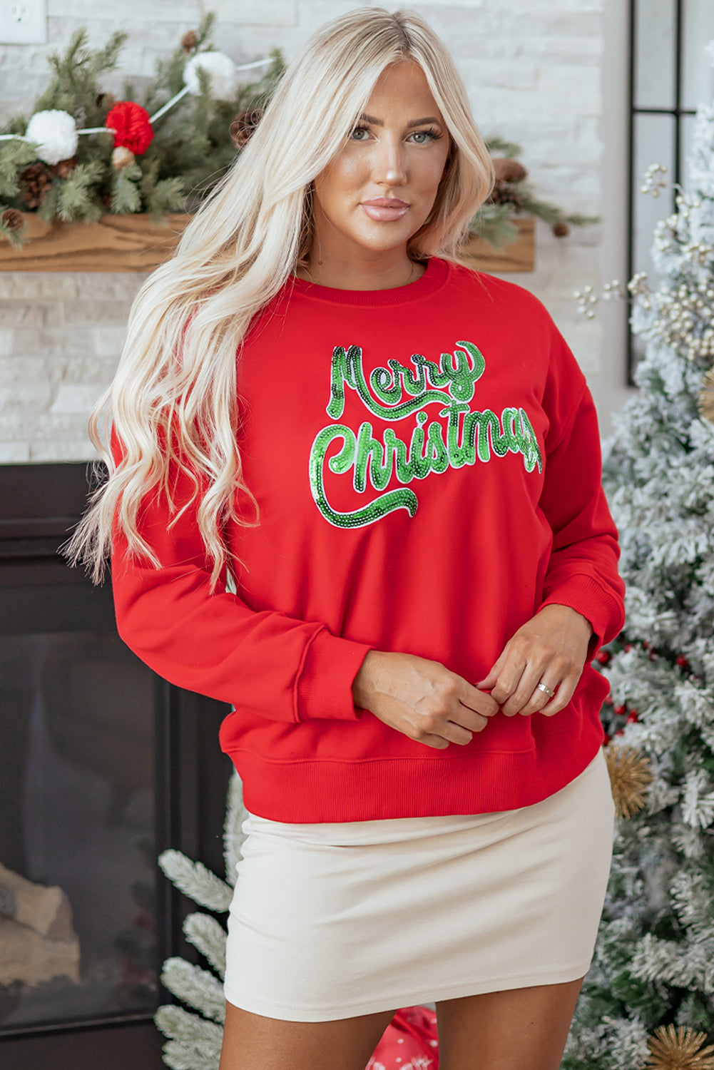 Red Merry Christmas Crewneck Drop Shoulder Loose Sweatshirt