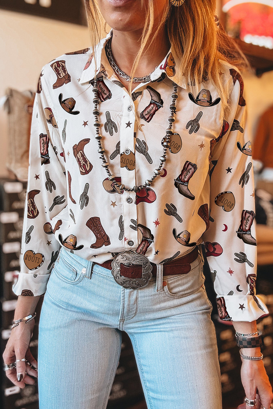 White Western Fashion Print Button Up Casual Shirt