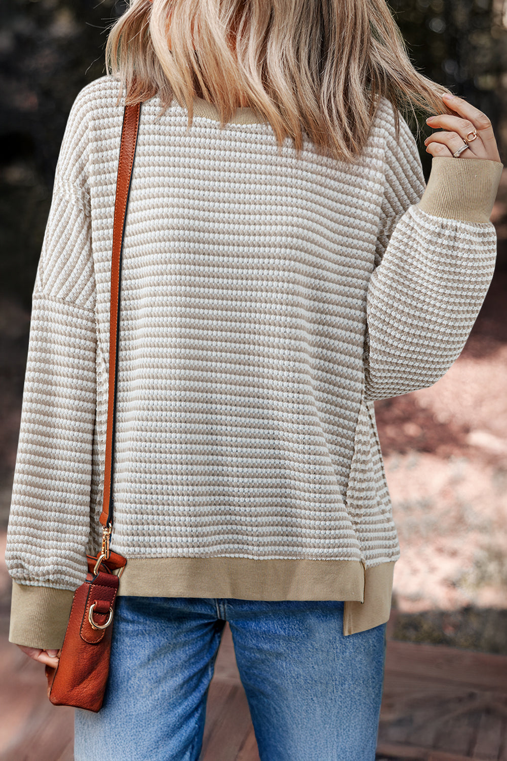Black Stripe Ribbed Trim Drop Shoulder Long Sleeve Oversize Top