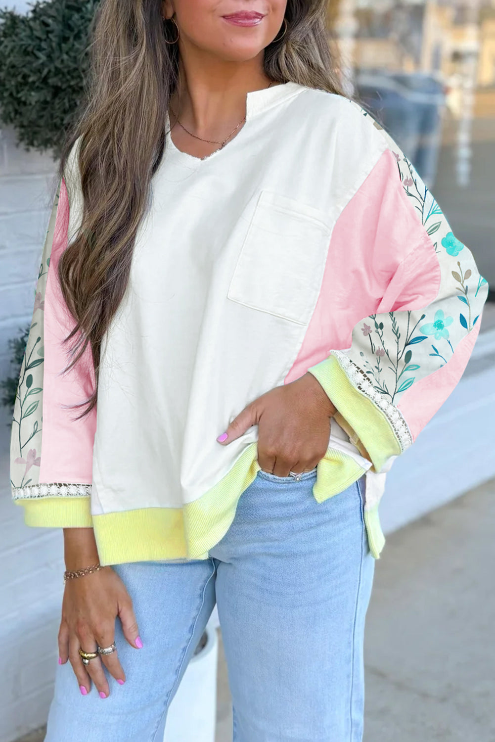 White Floral Colorblock Patchwork Chest Pocket Notched Neck Long Sleeve Top