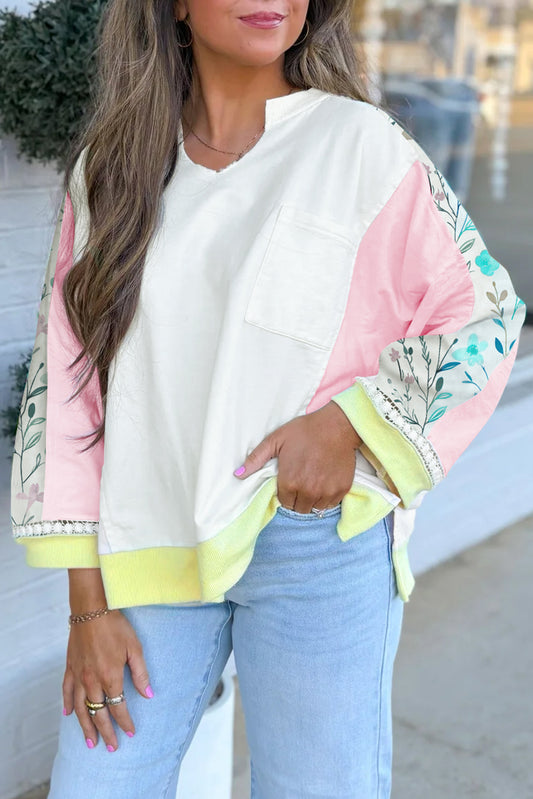 White Floral Colorblock Patchwork Chest Pocket Notched Neck Long Sleeve Top