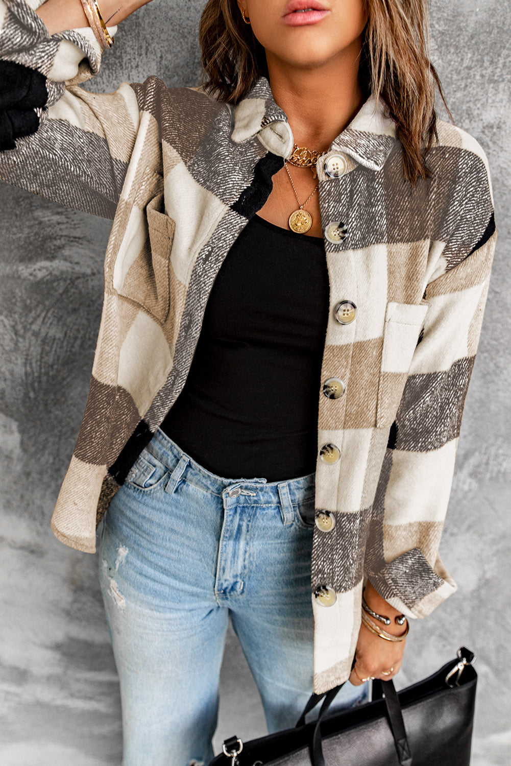 Pink Plaid Color Block Buttoned Long Sleeve Jacket with Pocket