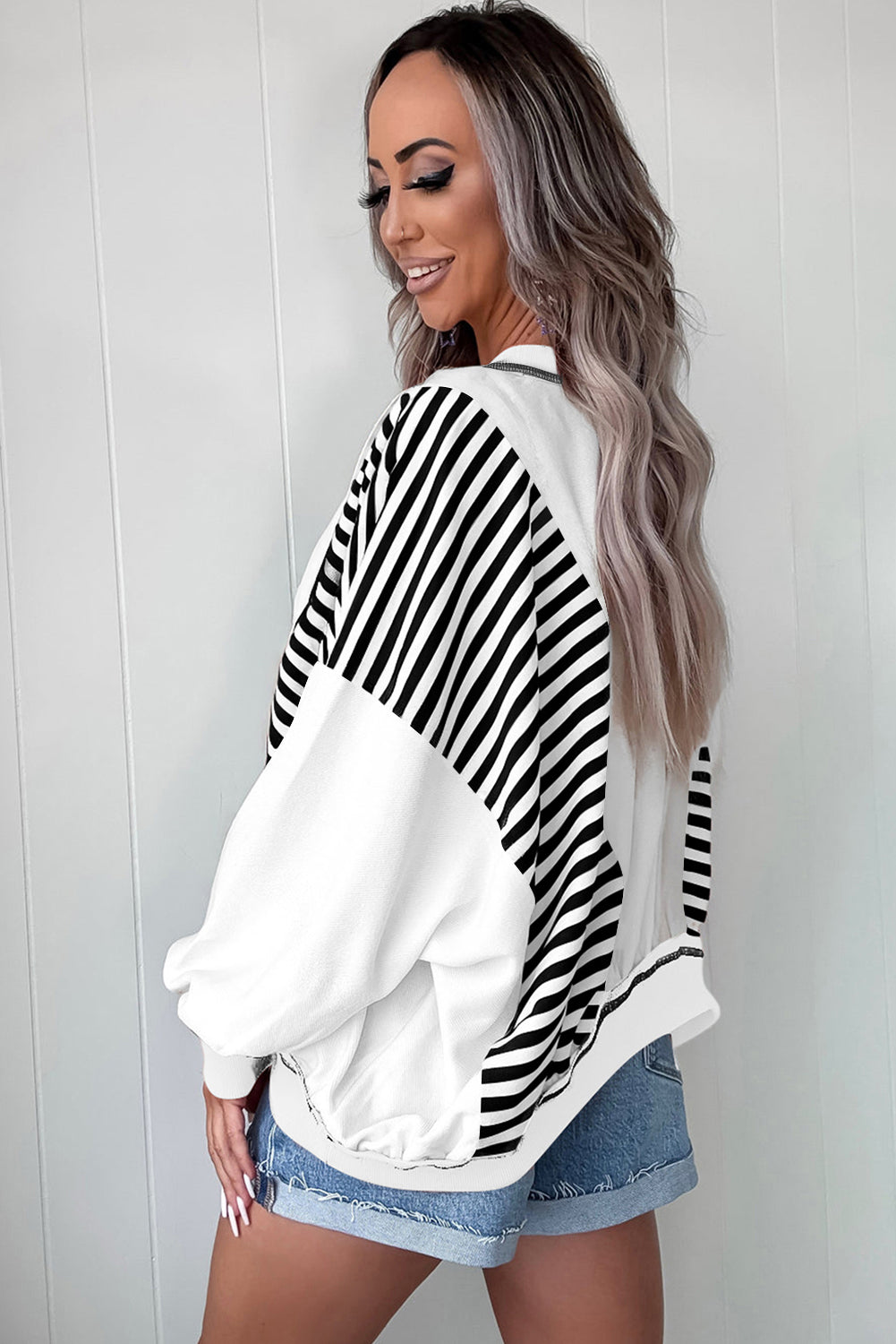 White Stripe Colorblock Patchwork Contrast Stitching Oversize Sweatshirt