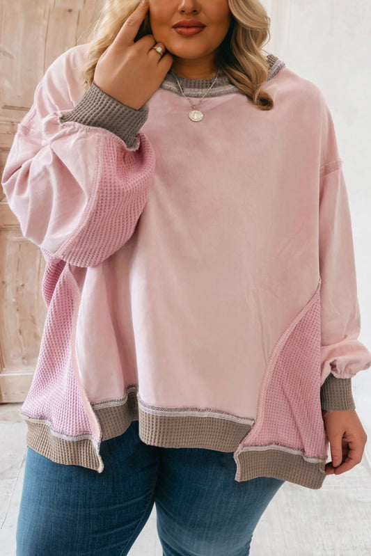Light Pink Plus Color Block Waffle Patchwork Exposed Seam Baggy Sweatshirt