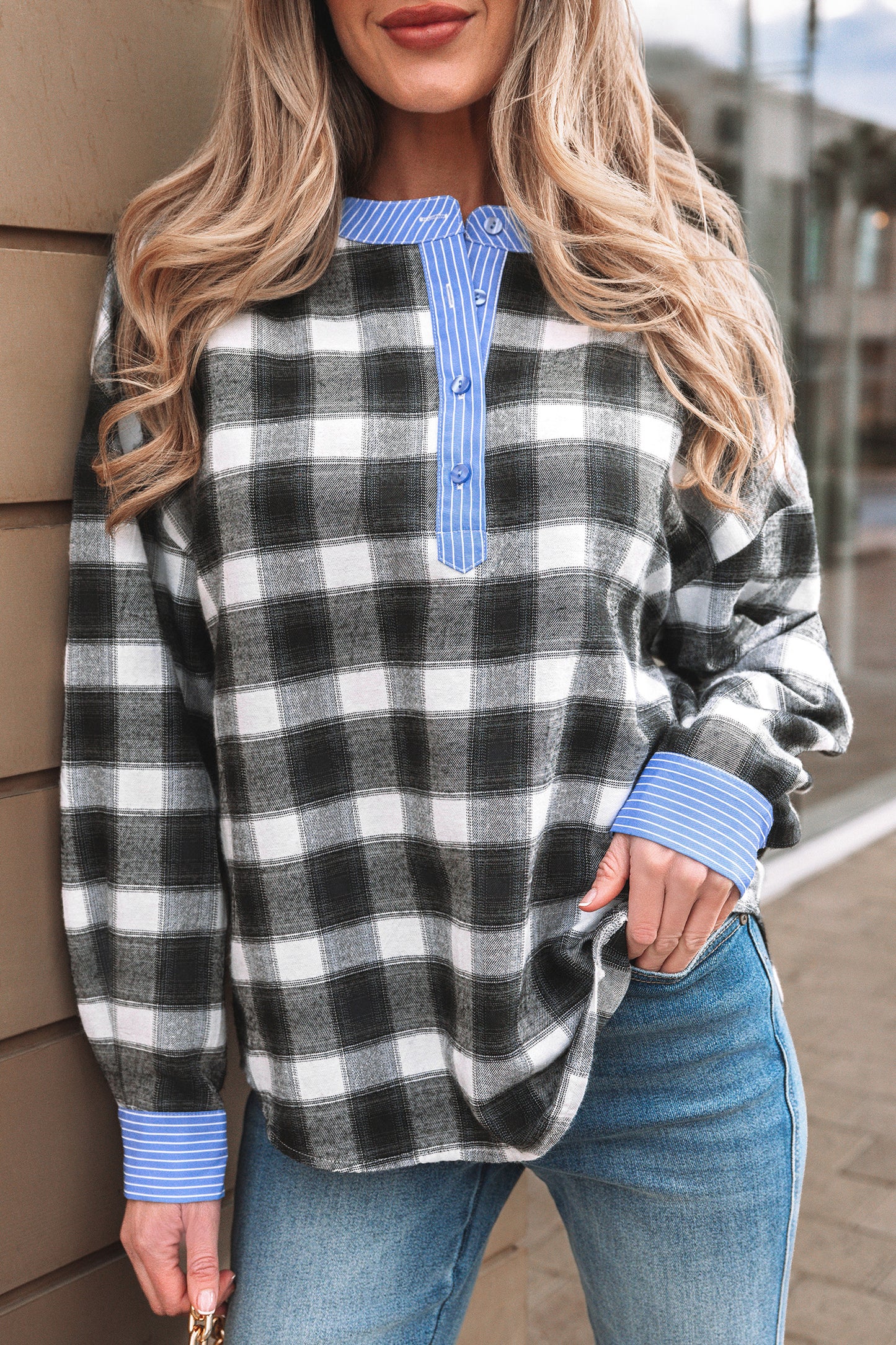 Black Contrast Striped Edge Half Placket Plaid Blouse