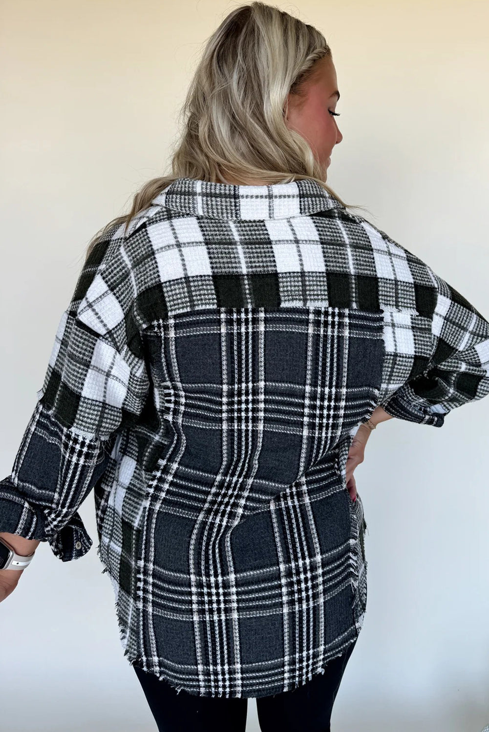 Black Plaid Print Textured Knit Buttoned Shacket