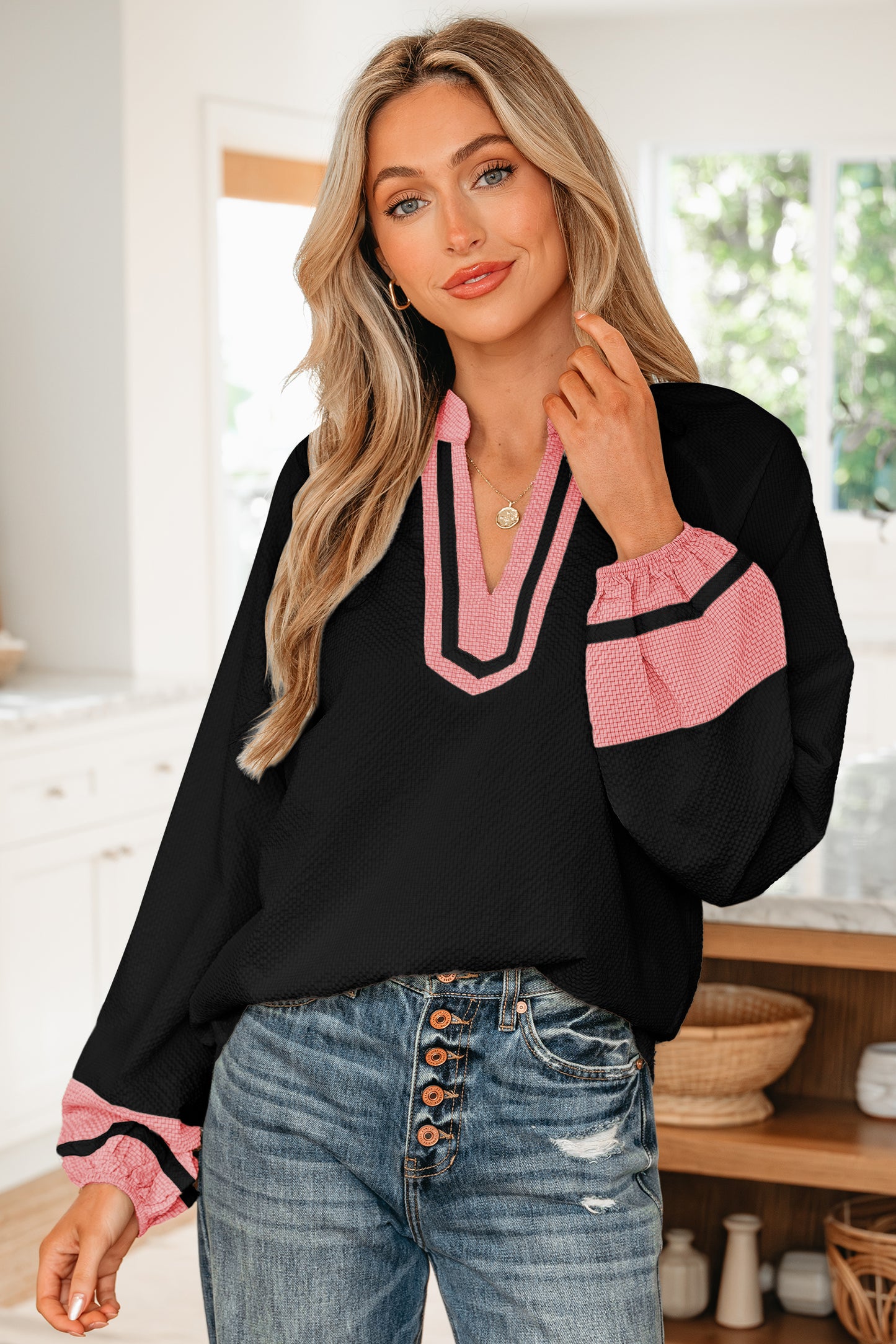 Black Color Block Patchwork Detail V Neck Textured Long Sleeve Blouse