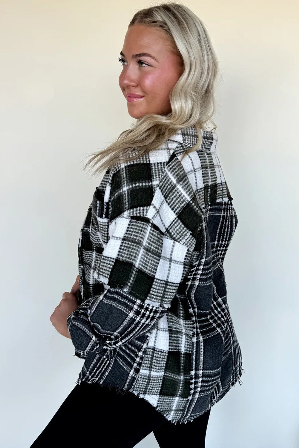 Black Plaid Print Textured Knit Buttoned Shacket