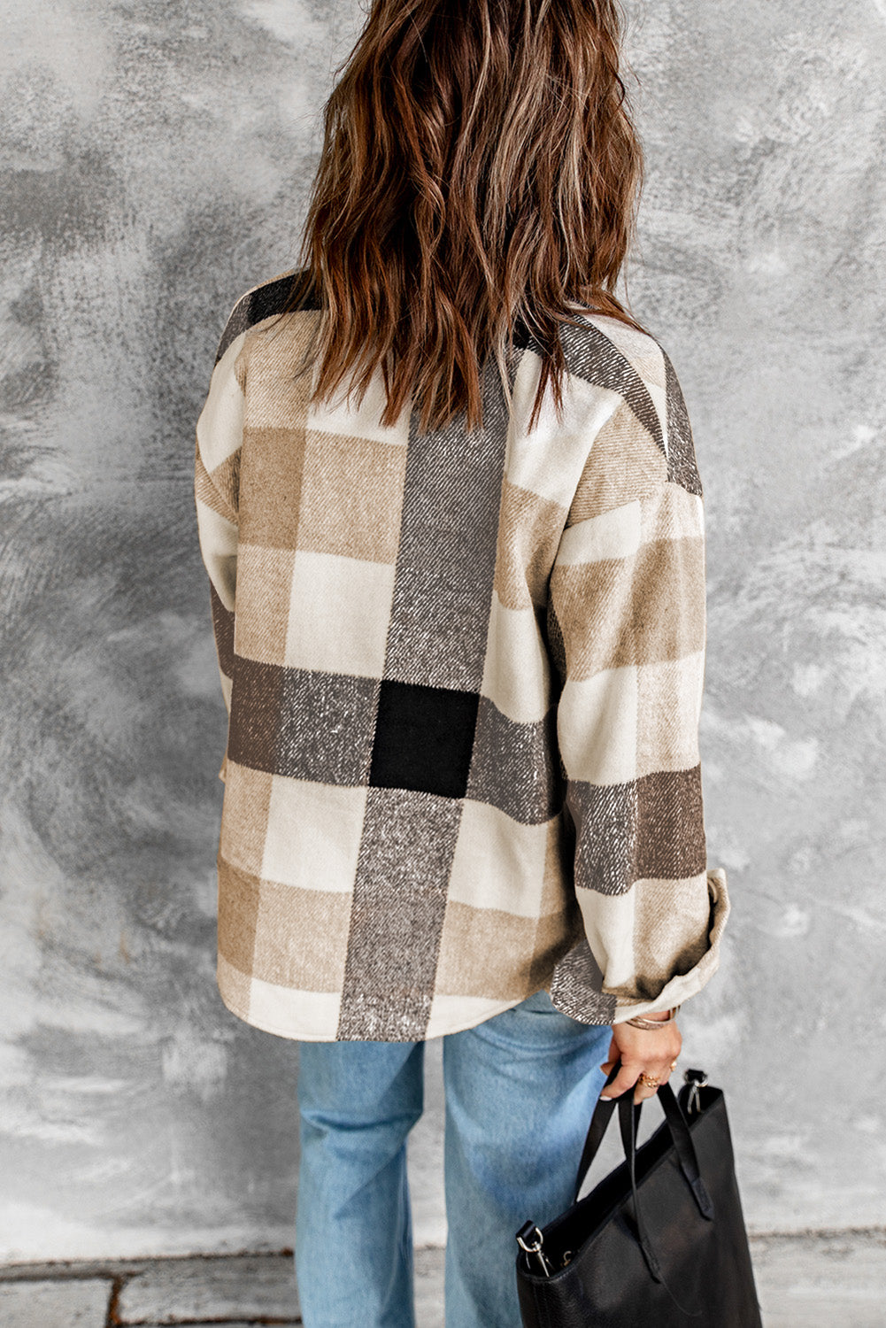 Pink Plaid Color Block Buttoned Long Sleeve Jacket with Pocket
