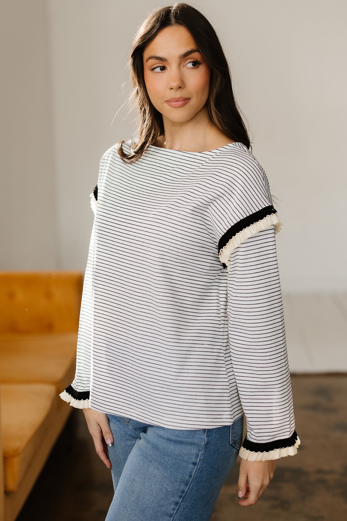 White Stripe Contrasted Ruffle Trim Loose Long Sleeve Top