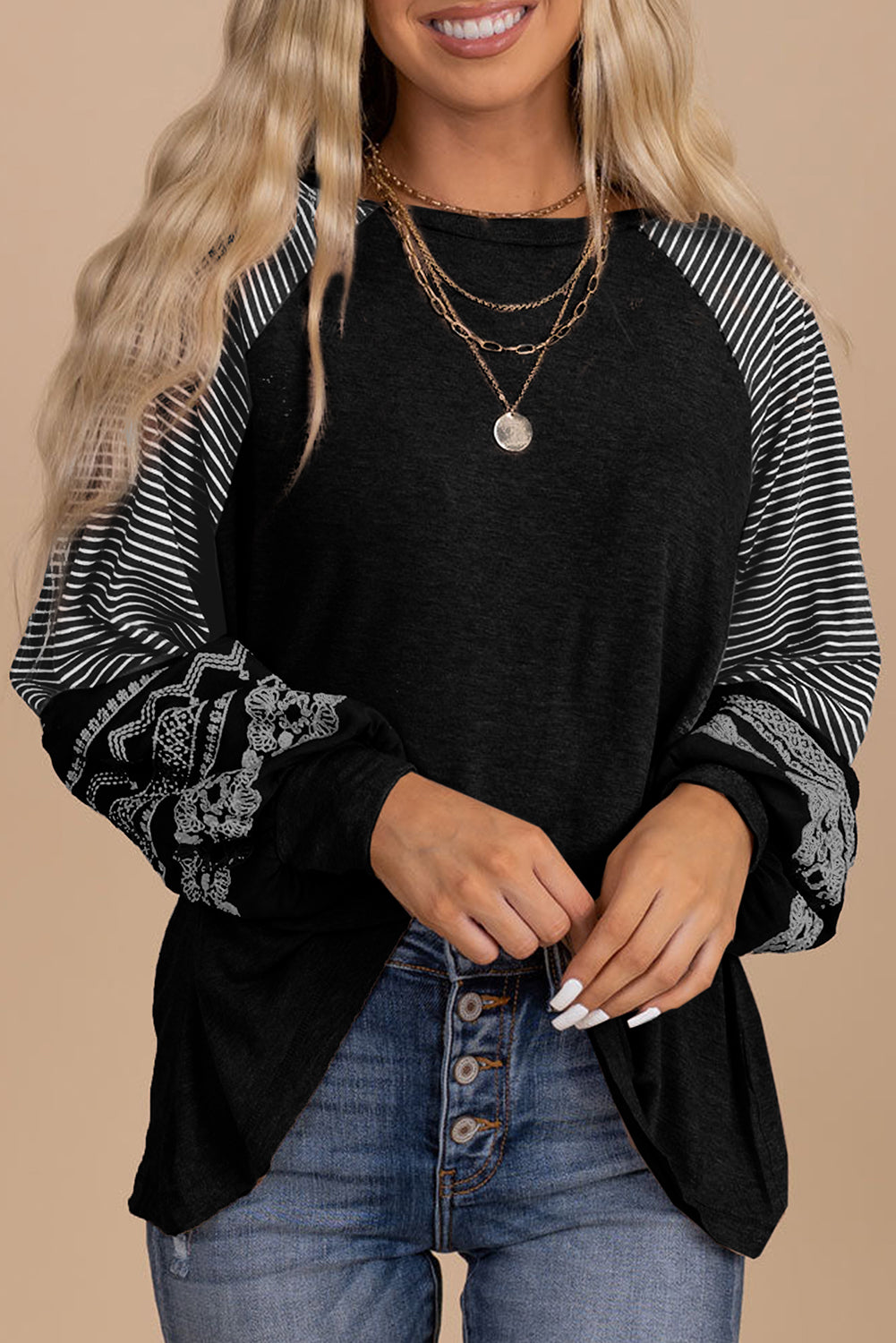 Navy Blue Contrast Print Striped Raglan Long Sleeve Loose Top