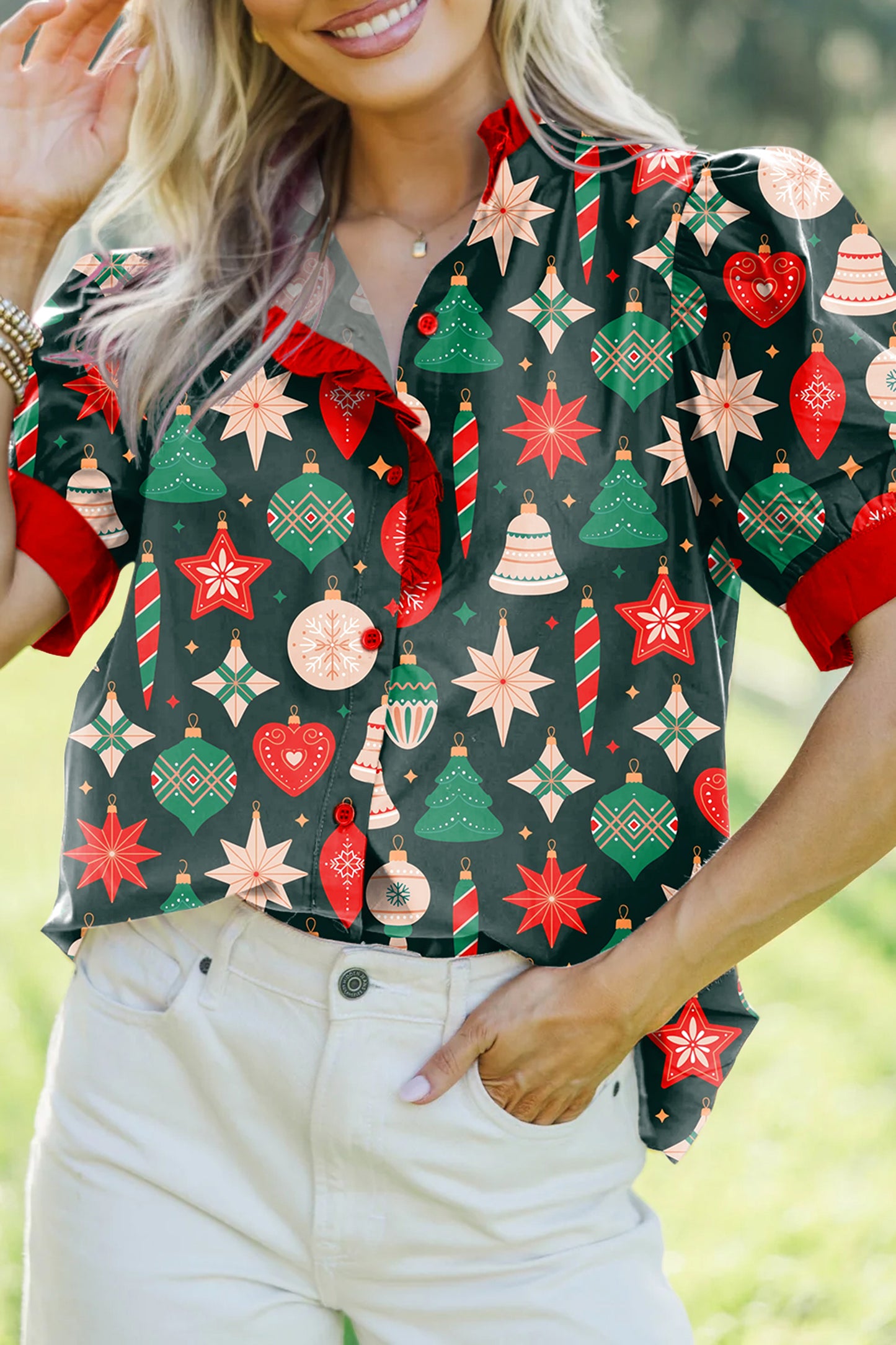 Green Christmas Fashion Print Contrast Trim Frilled Neck Short Sleeve Blouse
