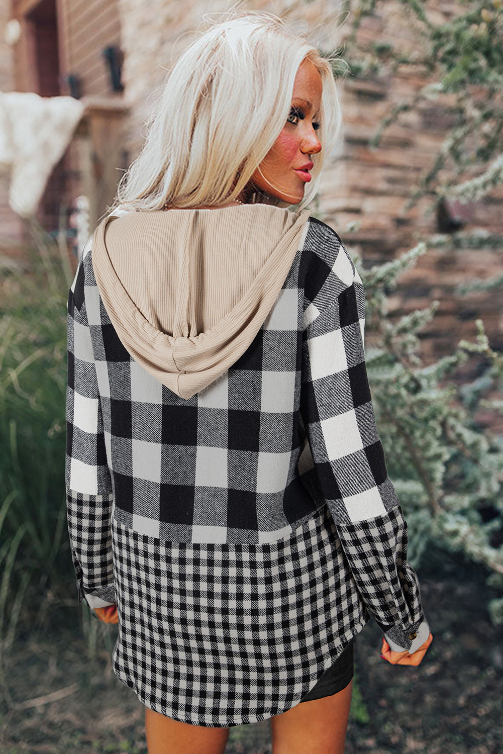 Black Double Plaid Patchwork Drawstring Hooded Shacket