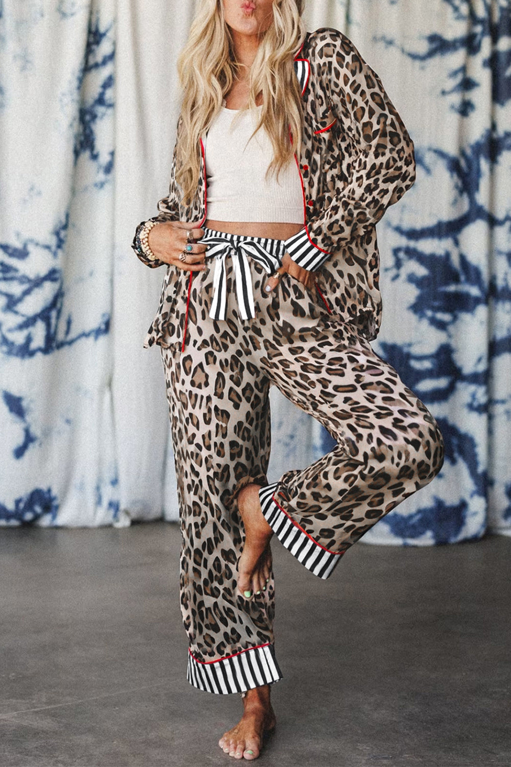 Khaki Leopard Print Colorblock Striped Edge Shirt and Pants Pajama Set
