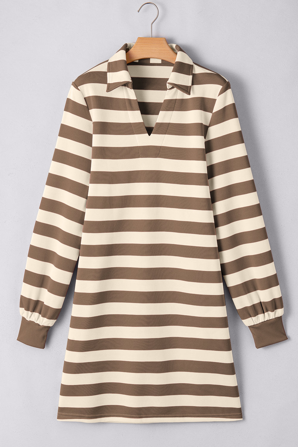 Khaki Stripe Collared V Neck Long Sleeve Loose Casual Dress