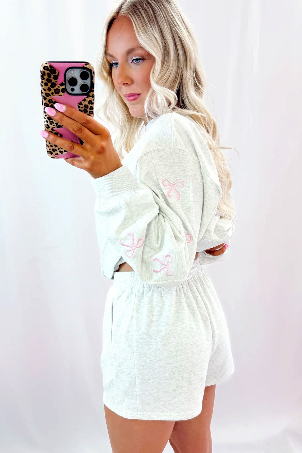 Light Grey Girly Bow Embroidered Detail Puff Sleeve Pullover 2pcs Short Set