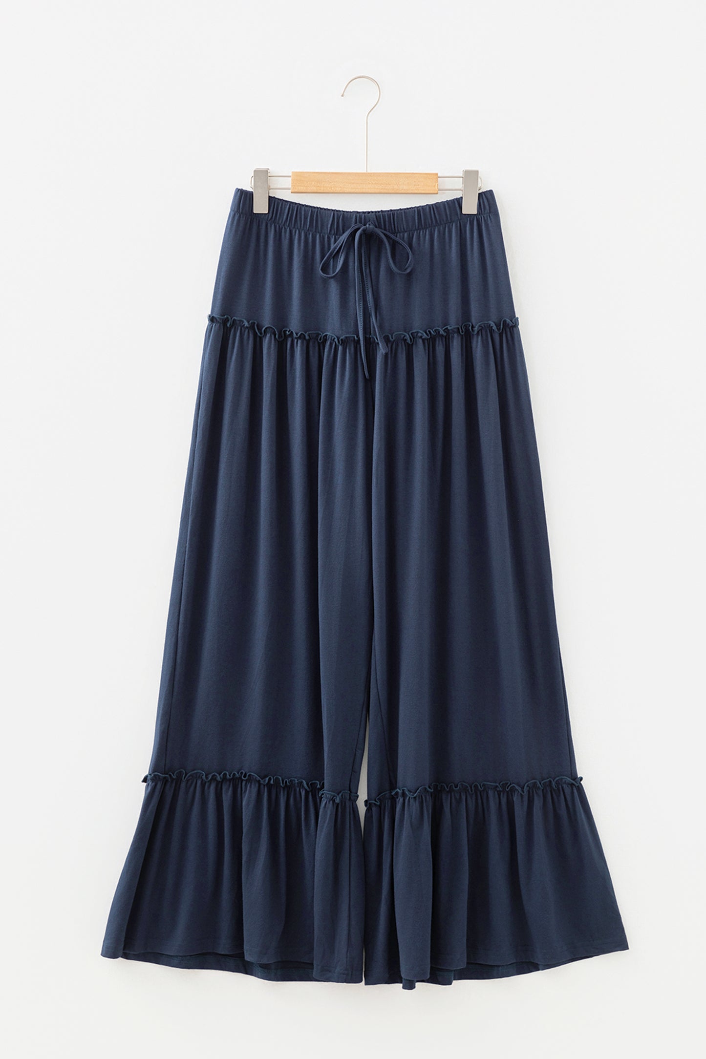Navy Blue Frilled Drawstring High Waist Wide Leg Pants