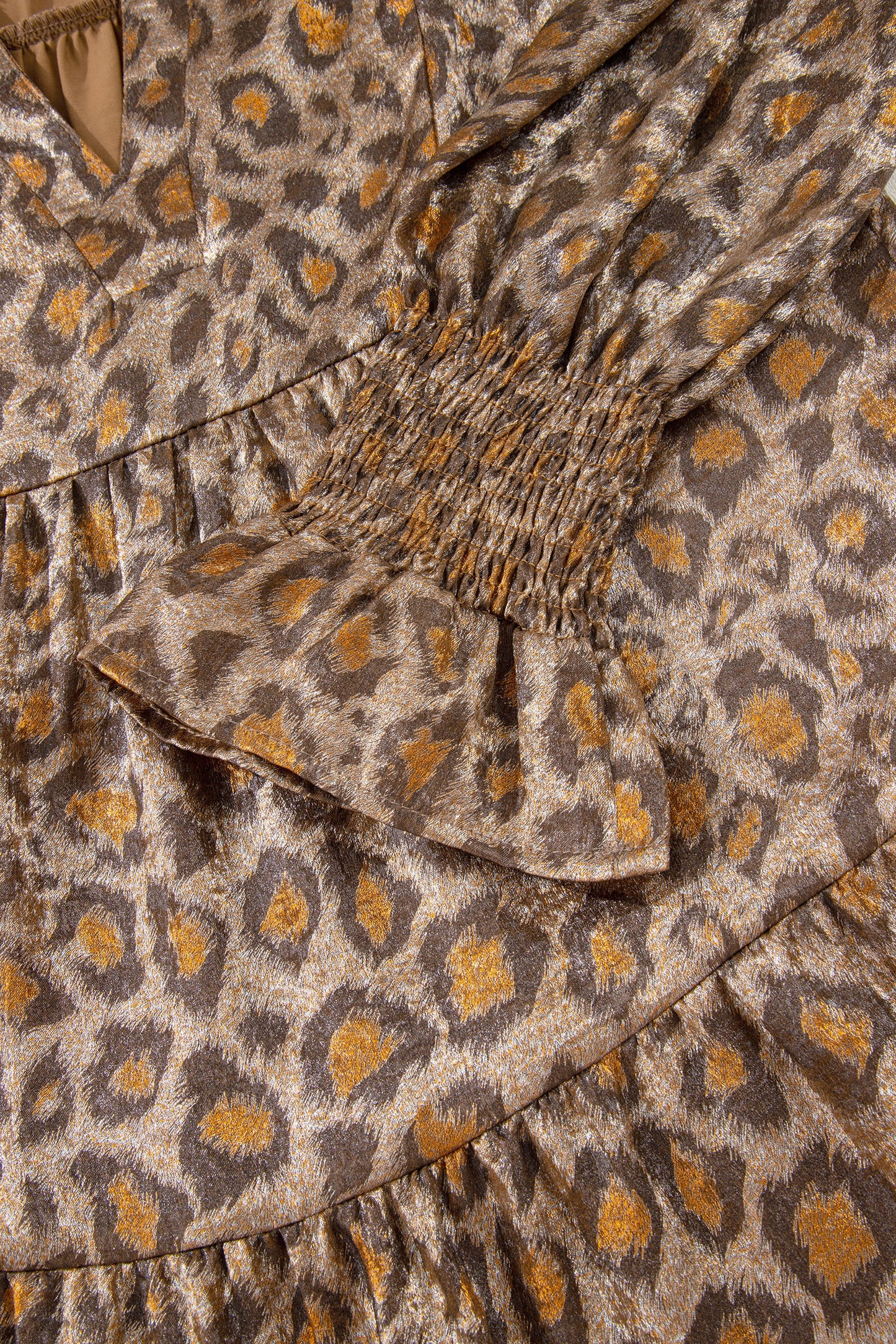 Khaki Leopard Print V Neck Ruffled Sleeve Tiered Loose Mini Dress