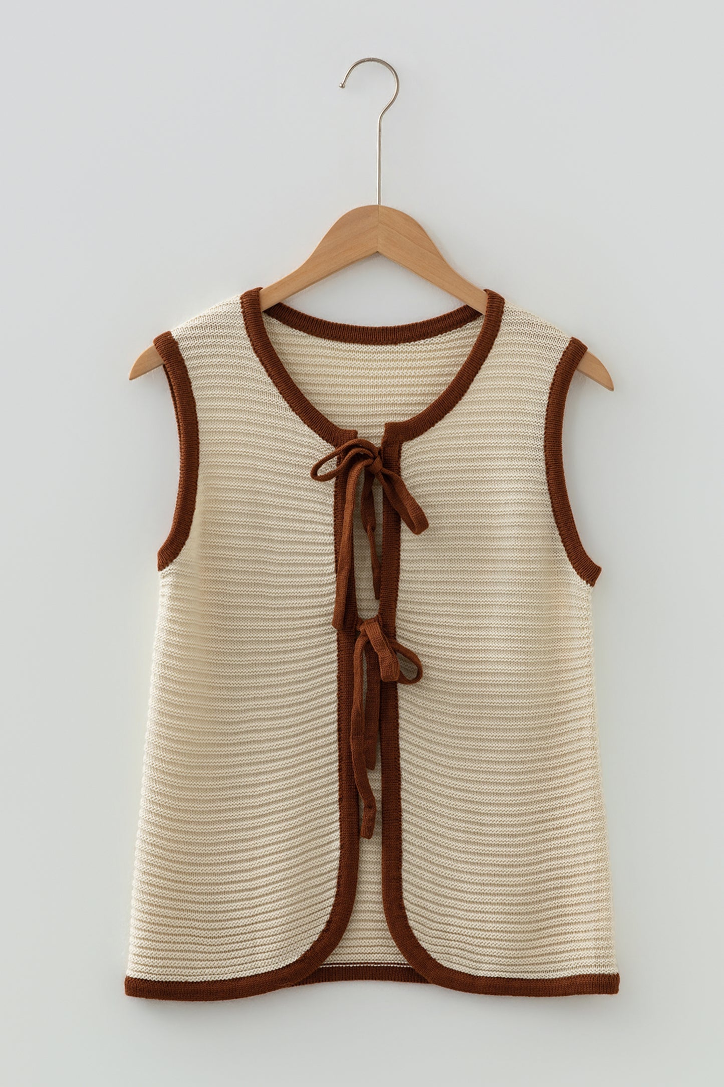 White Horizontal Ribbed Knit Contrast Trim Ties Front Sweater Vest
