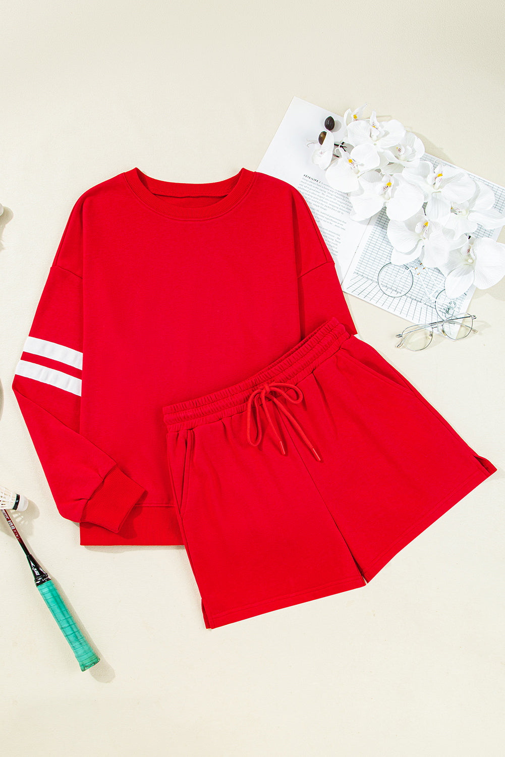 Orange Varsity Striped Sleeve Drop Shoulder Sweatshirt and Short Set