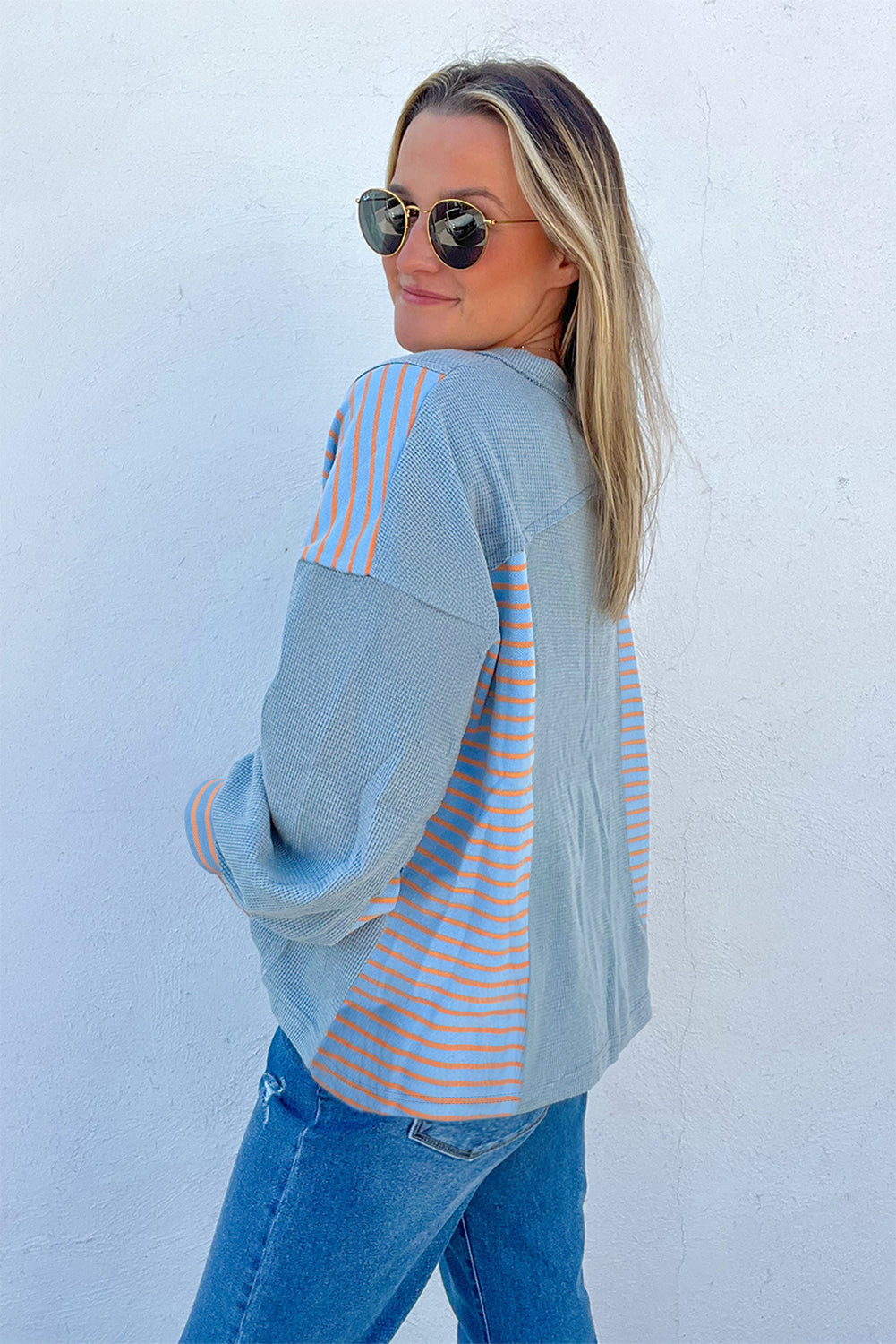Meadow Mist Green Exposed Seam Waffle Striped Patchwork Baggy Pullover
