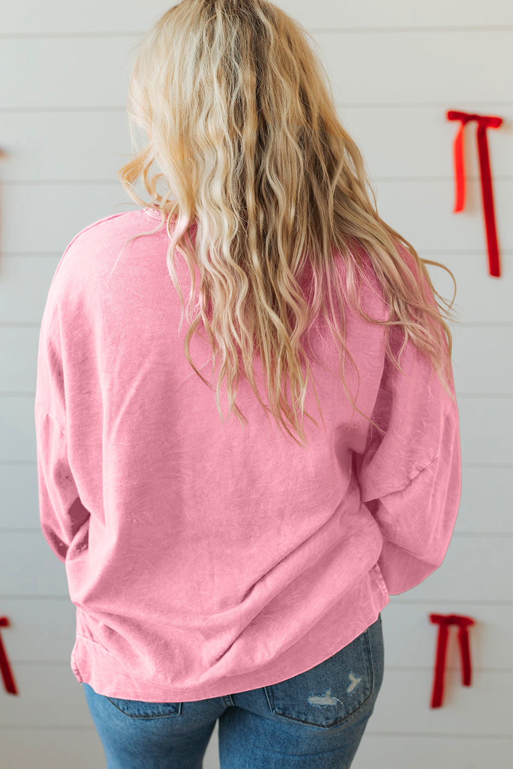 Bonbon Waffle Bowknot Patchwork Graphic Mineral Wash Plus Size Sweatshirt
