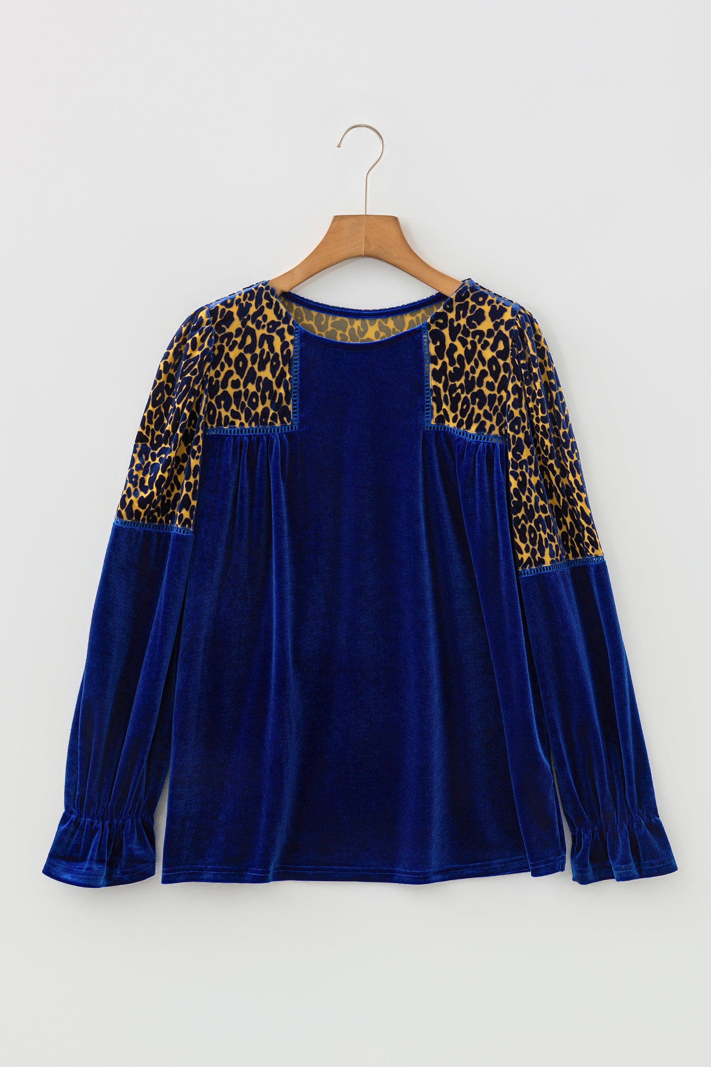 Sky Blue Leopard Patchwork Shoulder Flounce Sleeve Velvet Blouse