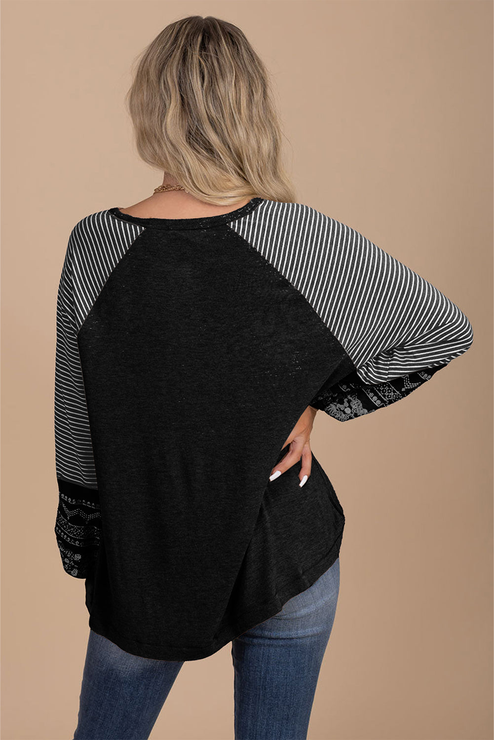 Navy Blue Contrast Print Striped Raglan Long Sleeve Loose Top