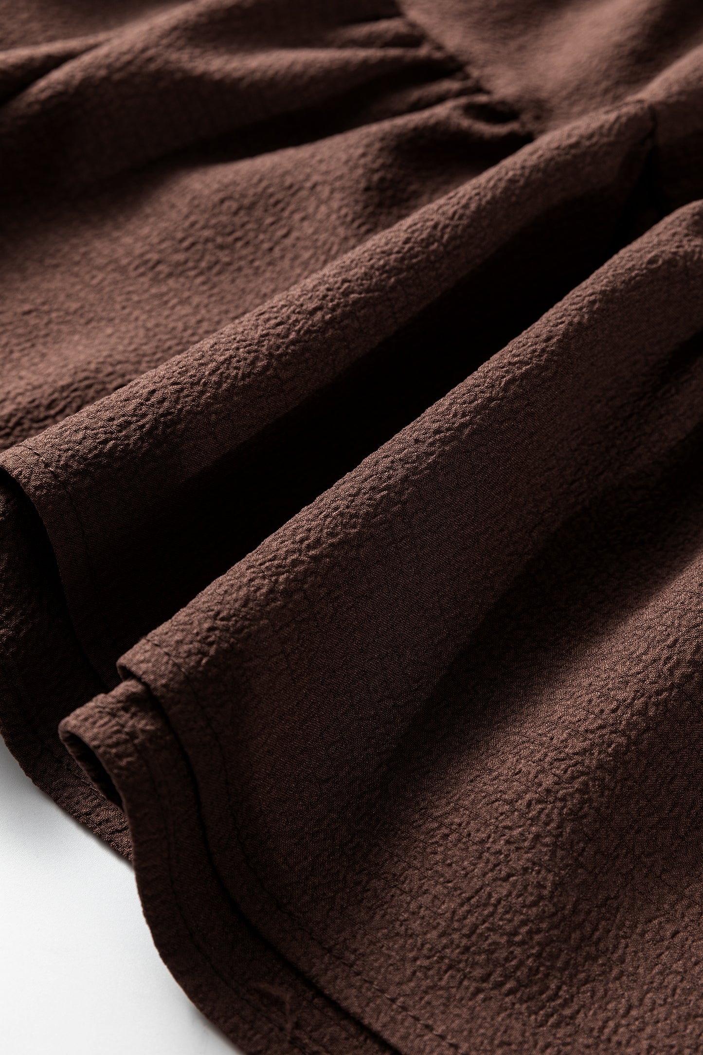 Coffee Plus Size Frilled Trim V Neck Puff Sleeve Textured Mini Dress